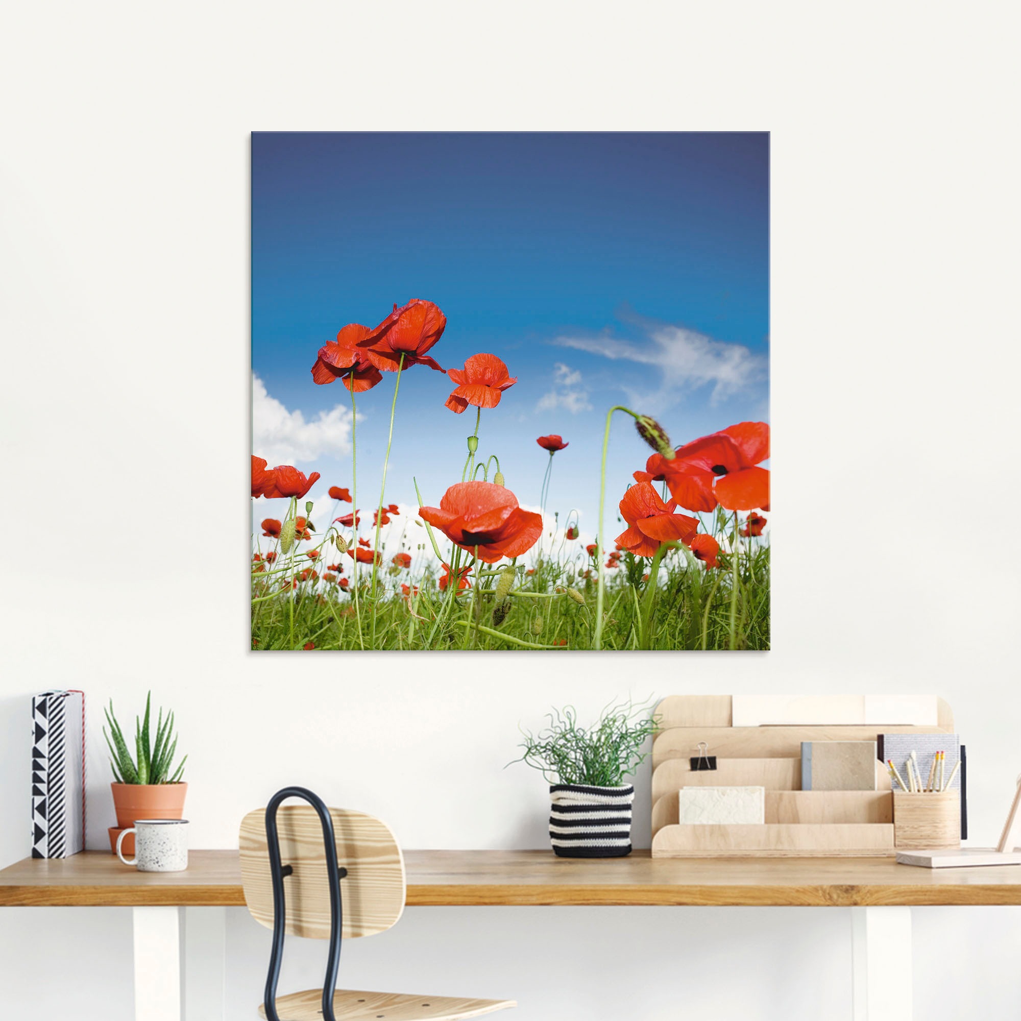 Artland Glasbild »Feld mit Mohnblumen unter Himmel«, Blumenwiese, (1 St.), in verschiedenen Größen