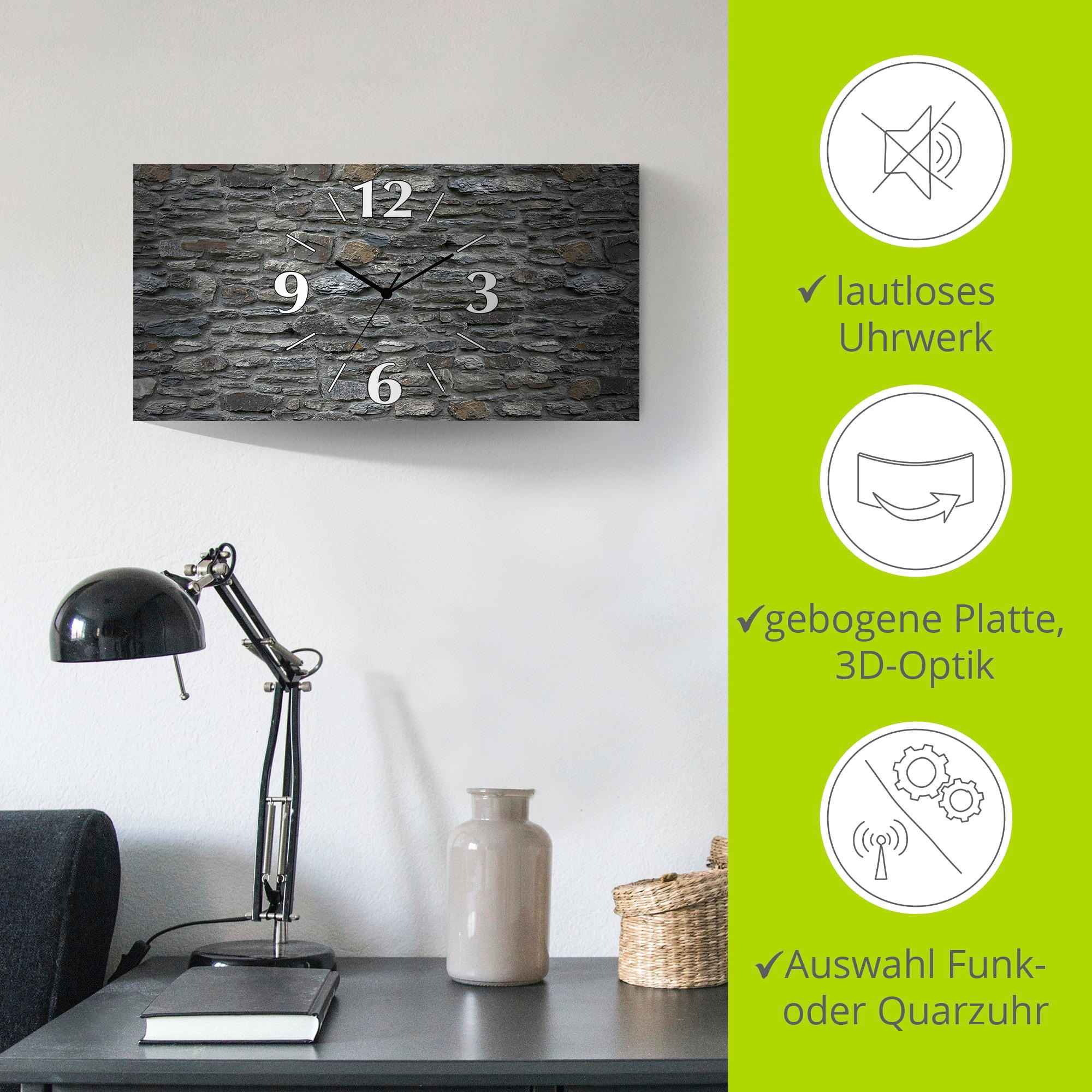 Artland Wanduhr »Schiefermauer«, 3D Optik gebogen, mit Quarz- oder Funkuhrwerk, versch. Größen