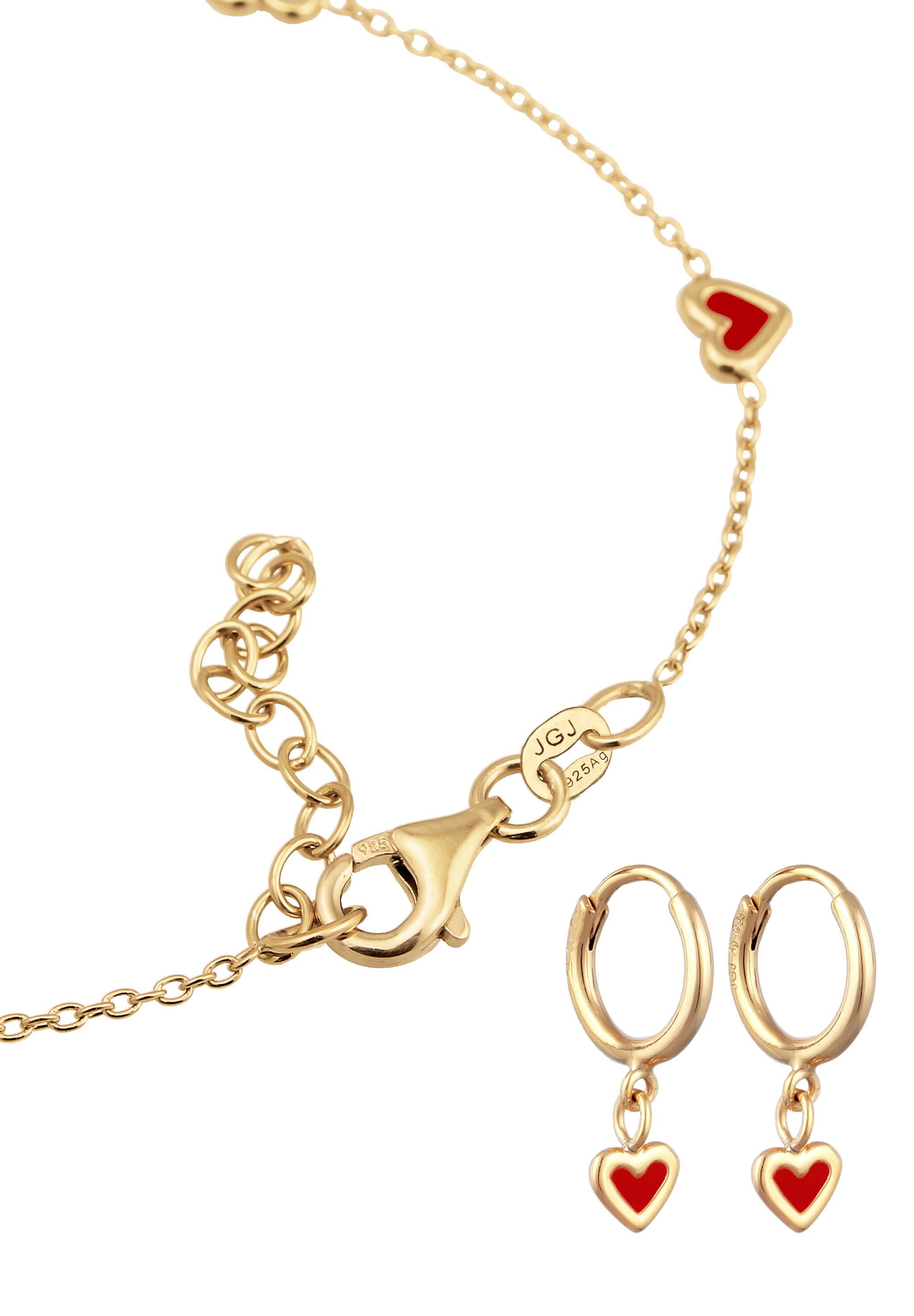 Elli Ohrring und Ketten Set »Schmuckset Herz Emaille Rot 925 Sterling Silber vergoldet« ()