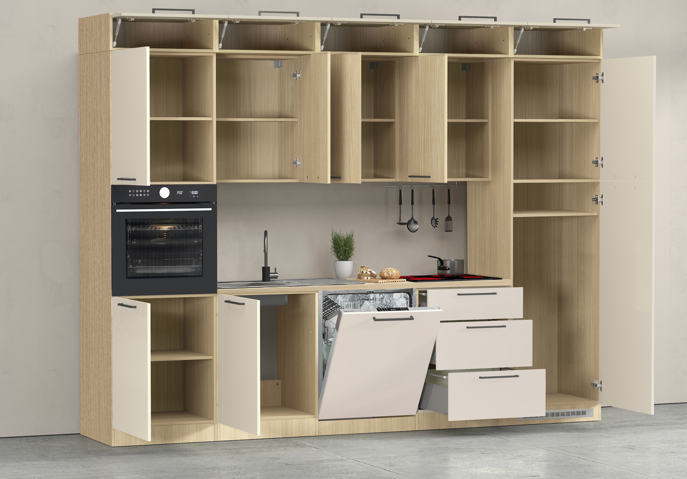 KOCHSTATION Küchenzeile »Luna, Einbauküche, Zeilenküche, mit Soft-Close Funktion, Made in Italy« Breite 300 cm ohne E-Geräte, mit Spüle+Siphon und Aufsatz