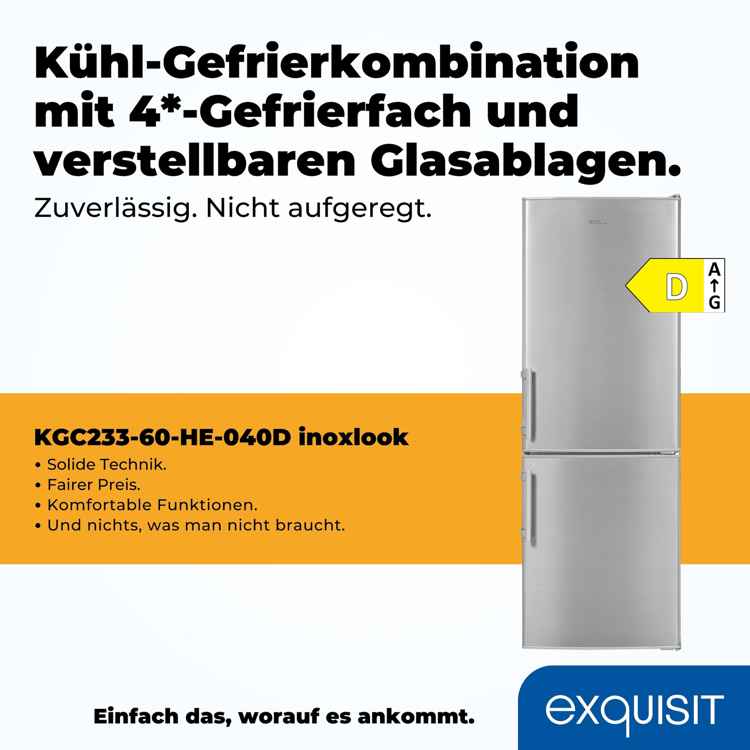 exquisit Kühl-/Gefrierkombination »KGC233-60-HE-040D«, Energieeffizienzklasse D, 173 Liter Nutzinhalt, 4 Sterne Gefrieren