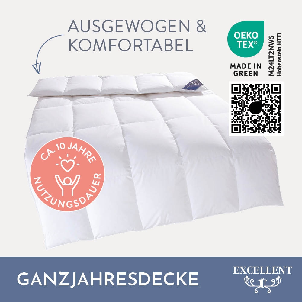 Excellent Daunenbettdecke + 3-Kammer-Kopfkissen »Venedig, 2-tlg, hergestellt in Deutschland, verschiedene Größen«, (Spar-Set, 2-Tlg.), Decke mit Kissen,Set, Sommer, Winter, Bettdecke 135x200 cm, 155x220 cm