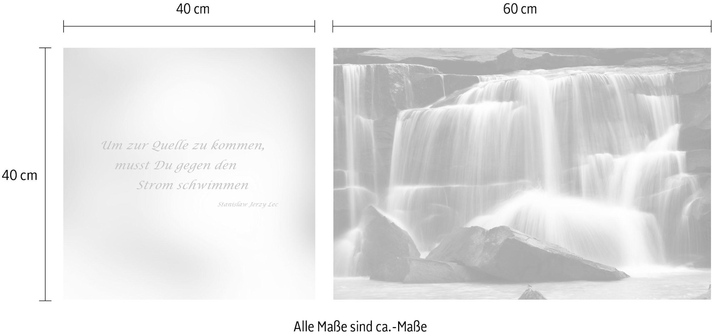 queence Leinwandbild »Quelle«, Stein-Wasserfall-Wasserfallbilder-Kunst-Modern-Spa-Spa Bilder-Sprüche-Sprüche & Texte-Schriftzug-Schriftzüge, (Set), Premium-Leinwandstoff, Handarbeit aus Deutschland, Zitat, 2er Set