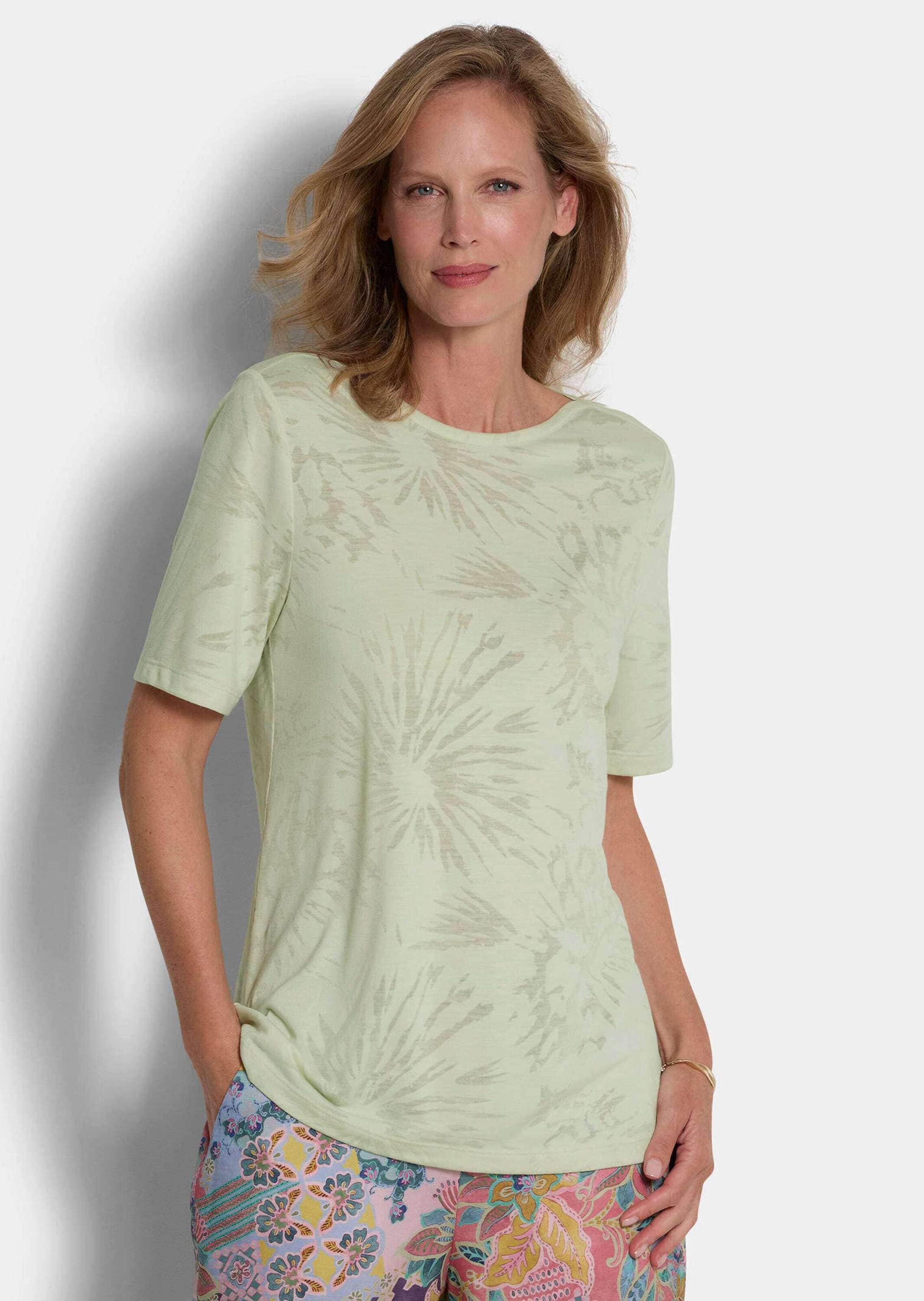 GOLDNER Kurzarmshirt »Kurzgröße Viskoseshirt mit floralem Motiv« stretchbequmer Ausbrennerjersey