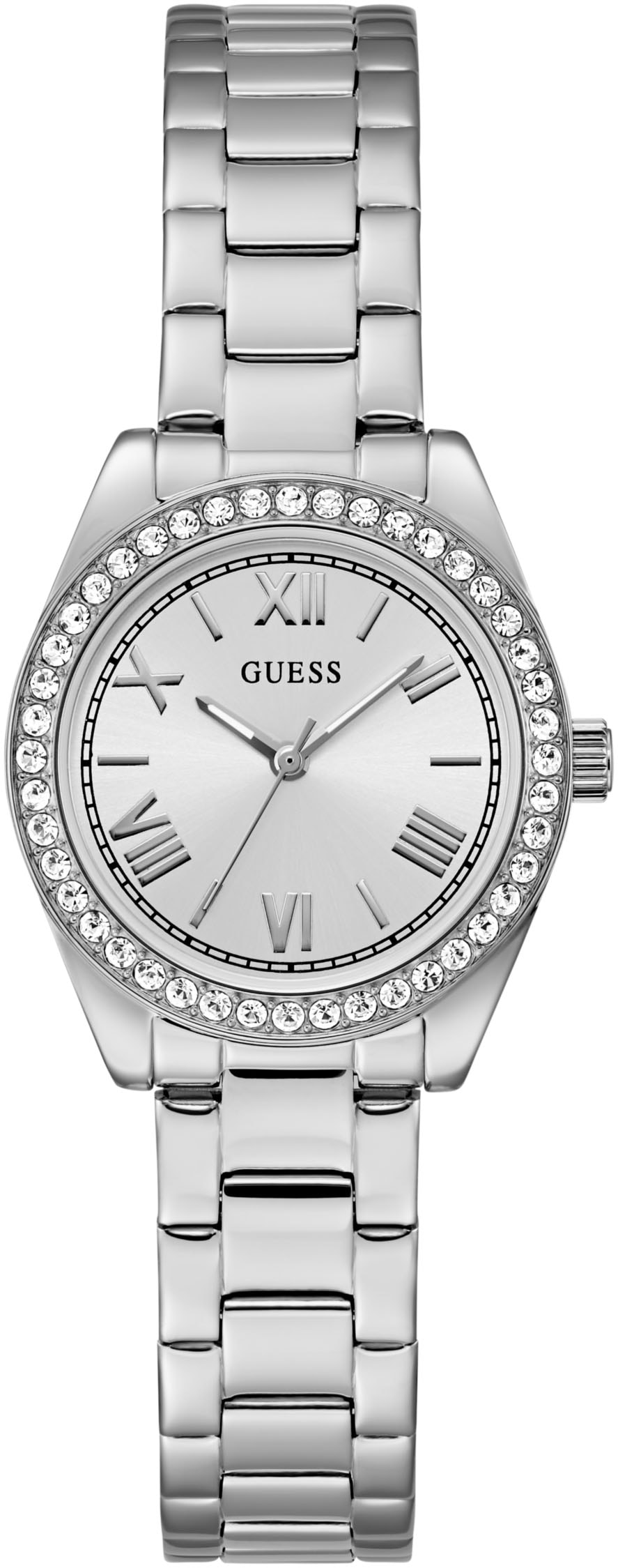 Guess Quarzuhr »MINI LUNA GLITZ« Armbanduhr, Damenuhr, Edelstahlarmband, analog, Kristallsteine