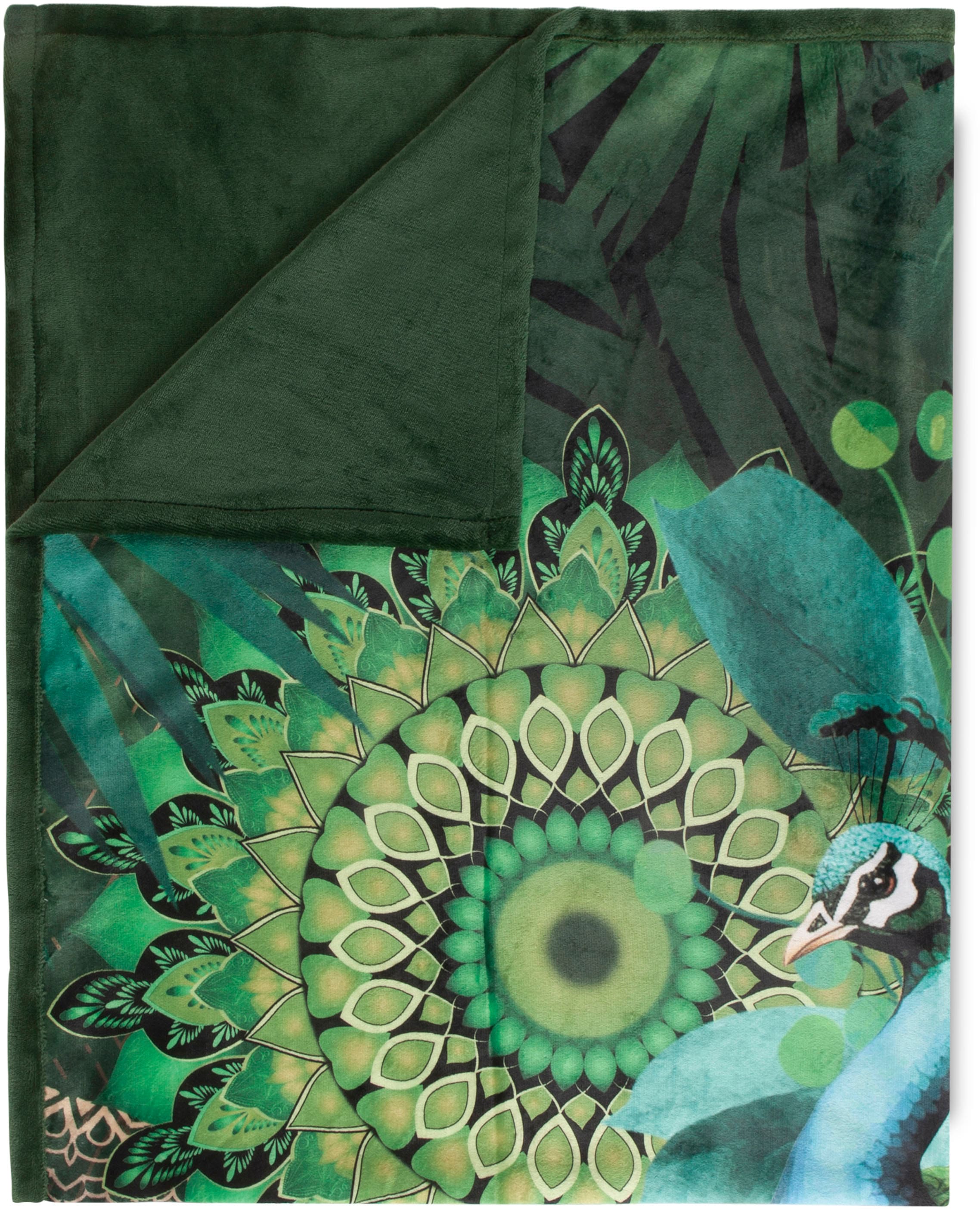 hip Plaid »Agatha«, Weich, Kuscheldecke, 130x160 cm, Wendeoptik, Mandala, Pfau, Grün