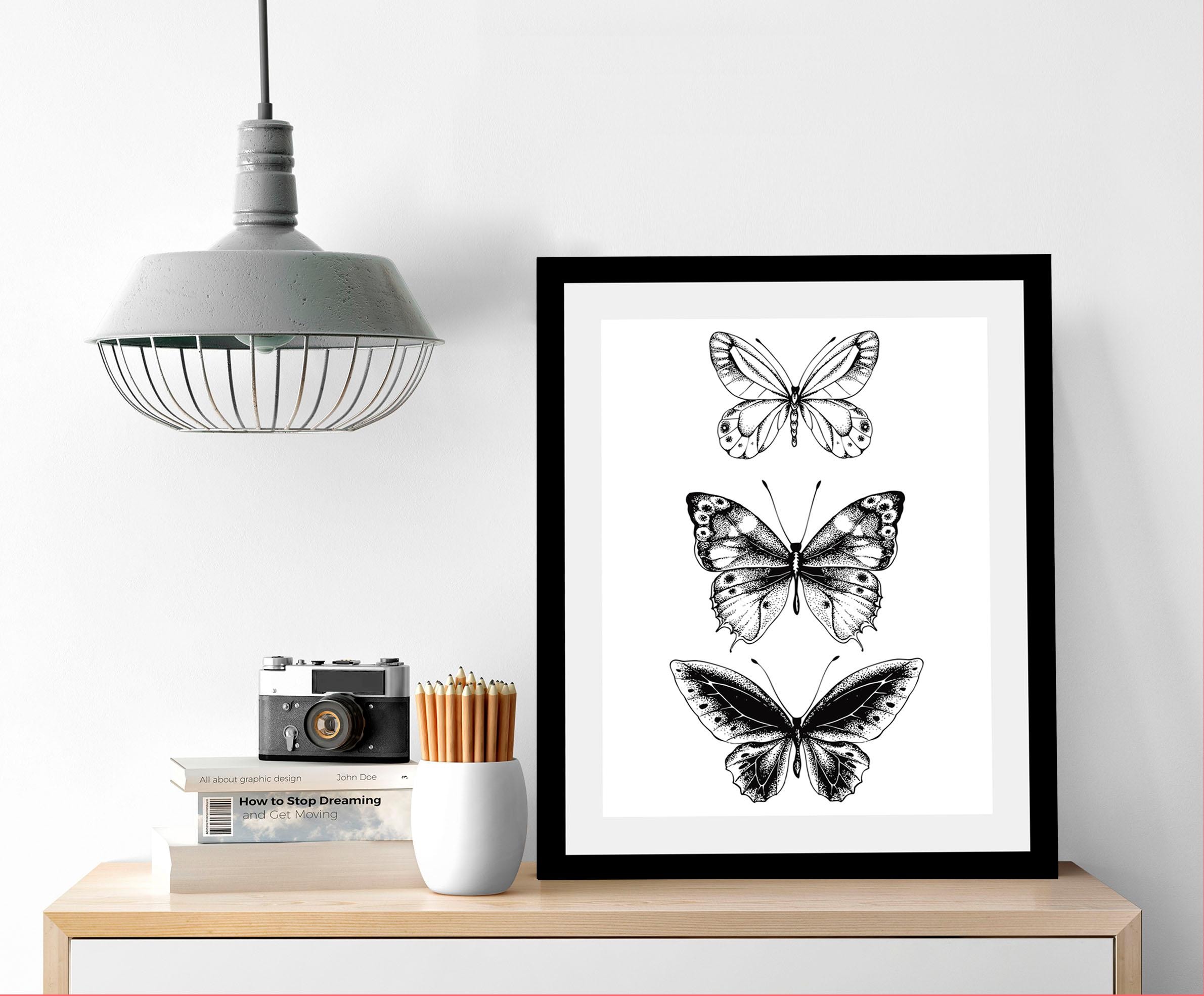 queence Bild »Schmetterlinge« Insekten | Kunst | Schmetterlinge | Schwarz-Weiß | Tiere HD Premium Poster-Druck inkl. Holzrahmen