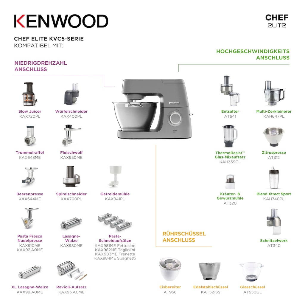 KENWOOD Küchenmaschine »Chef Elite KVC5401S«, 1200 W, 4,6 l Schüssel, 3tlg. Patisserie-Set Pro, inkl. Gratiszubehör im Gesamtwert von UVP € 339,97
