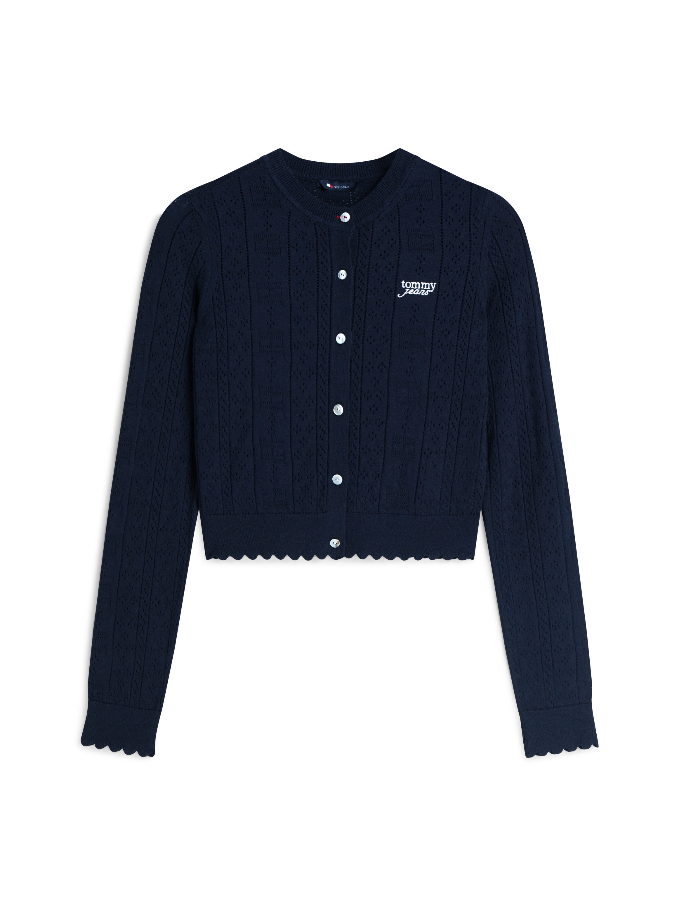 Tommy Jeans Strickjacke »TJW POINTELLE CARDIGAN« Viskosemischung, Pointelle Strick, gewellter Saum, Logo Stickerei