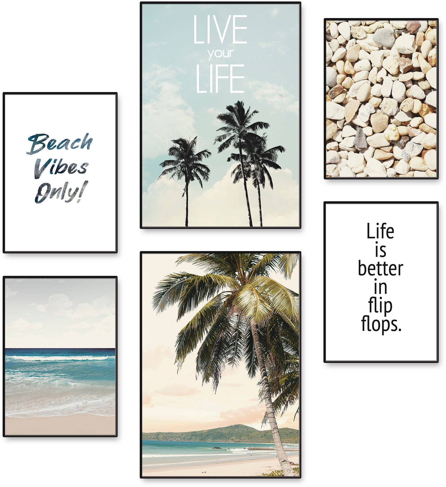 Poster »Strandleben unter Palmen«, Strand, (6 St.), Poster, Wandbild, Bild, Wandposter