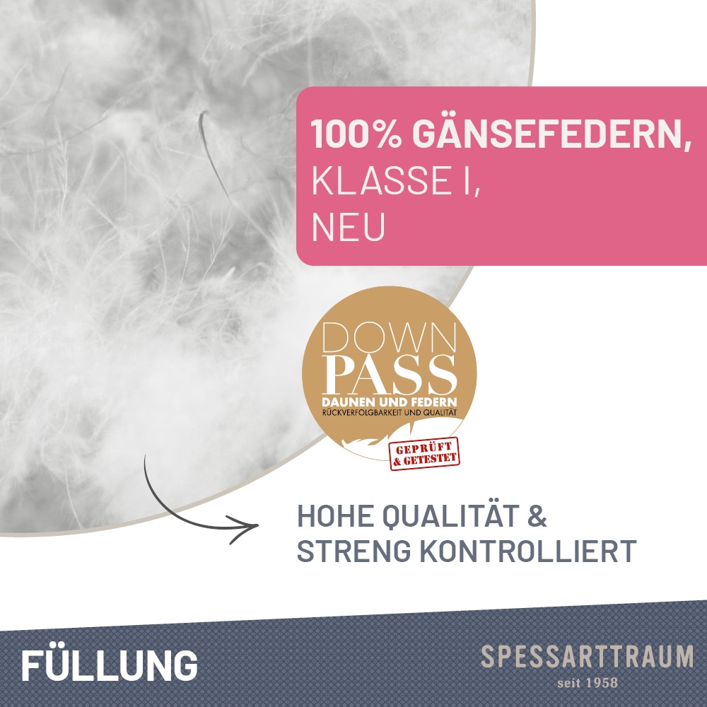 SPESSARTTRAUM Gänsefederkopfkissen »Premium«, Füllung: 100% Gänsefedern, Klasse 1, Downpass zertifiziert, Bezug: 100% Baumwolle, Made in Green, Hausstauballergiker geeignet, (1 St.), gute Stützkraft, Seitenschläfer & Rückenschläfer