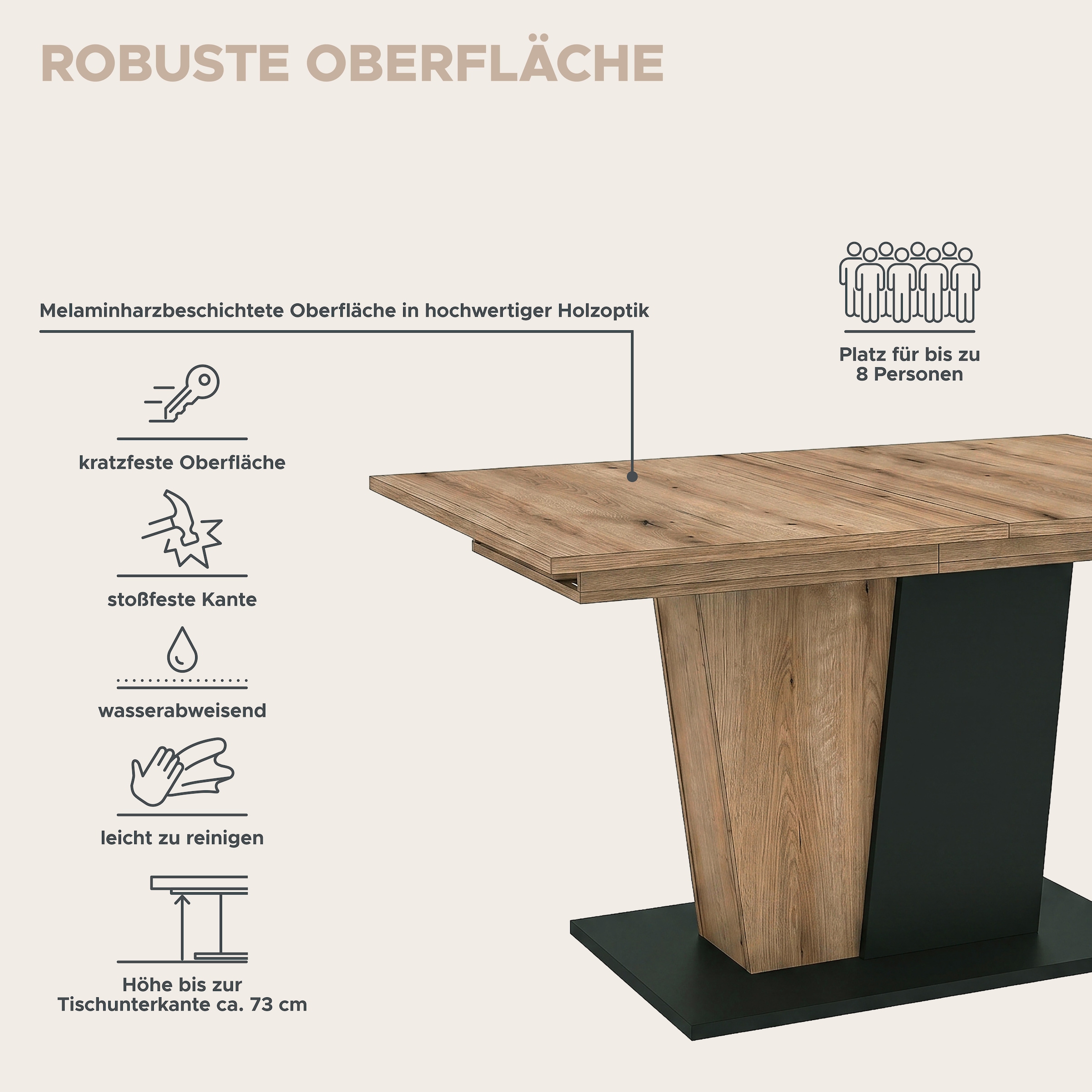 OTTO home Esstisch »MONOLITH, ausziehbar 150 -230 cm, inklusive 2x 40 cm Einlegeplatte« V-Gestell mit Bodenplatte, Tisch, Küchentisch, Esszimmer, Küche