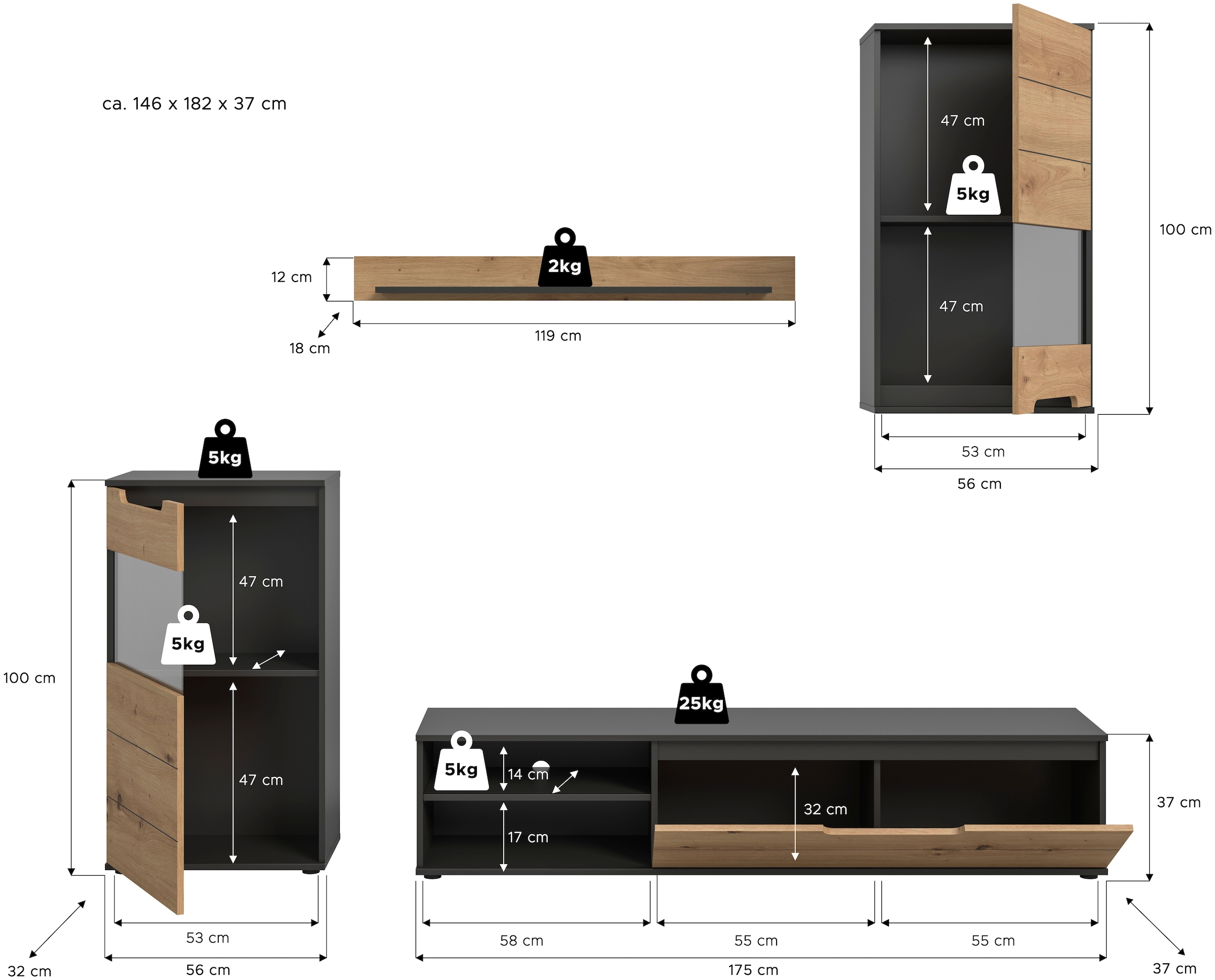 INOSIGN Wohnwand »SKEPP, 4-teilig, best. aus: 2x Vitrine, 1x Lowboad & 1x Wandboard«