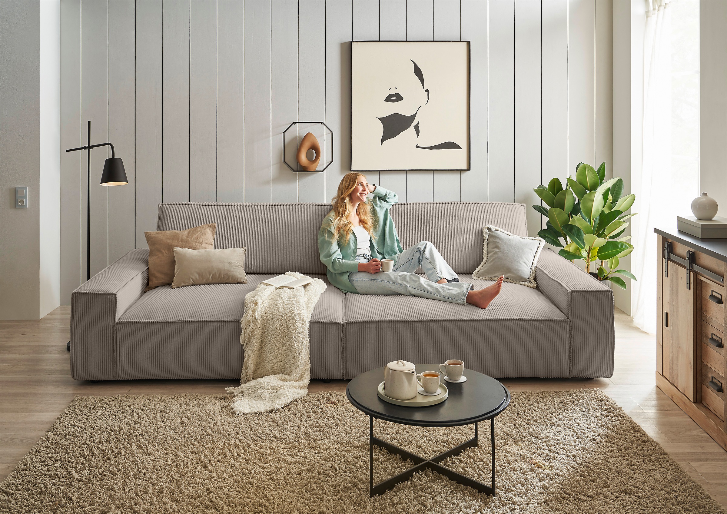 Home affaire Big-Sofa »NEU: SHERWOOD XXL, Big-Sofa (316cm), extra tiefe Sitzfläche 95 cm«, bequemer Sitzkomfort, Cord u. Leinenoptik, Kedernaht