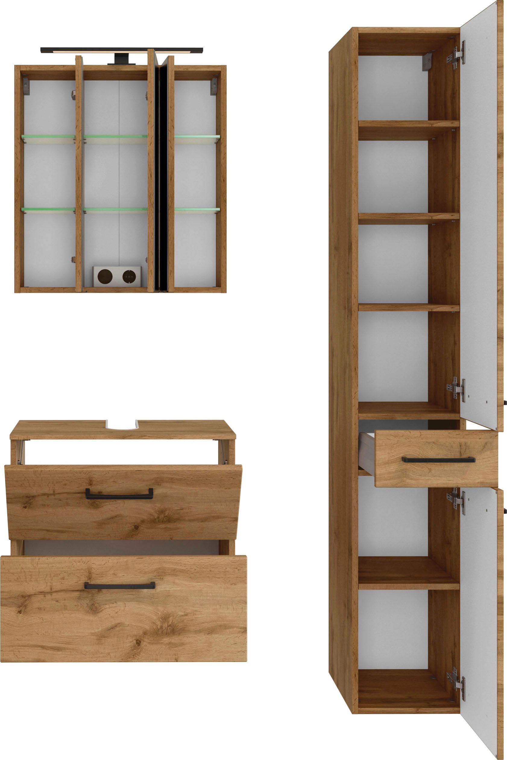 welltime Badmöbel-Set »Chicago«, (3 St., Spiegelschrank, Unterbeckenschrank, Seitenschrank)