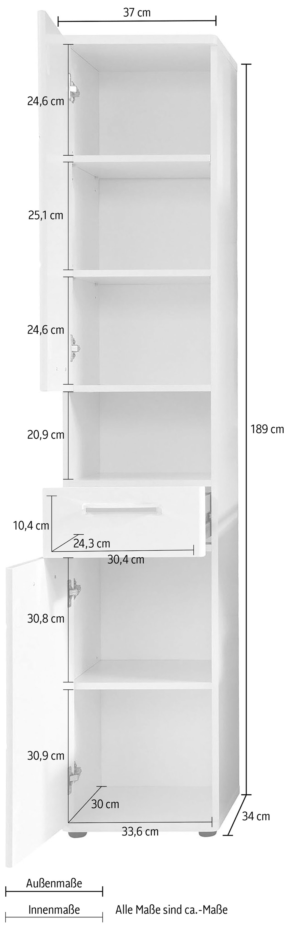 welltime Hochschrank »Mora«, Weißer Badschrank mit Schublade und 2 Türen - (B/T/H) 37/34/189 cm