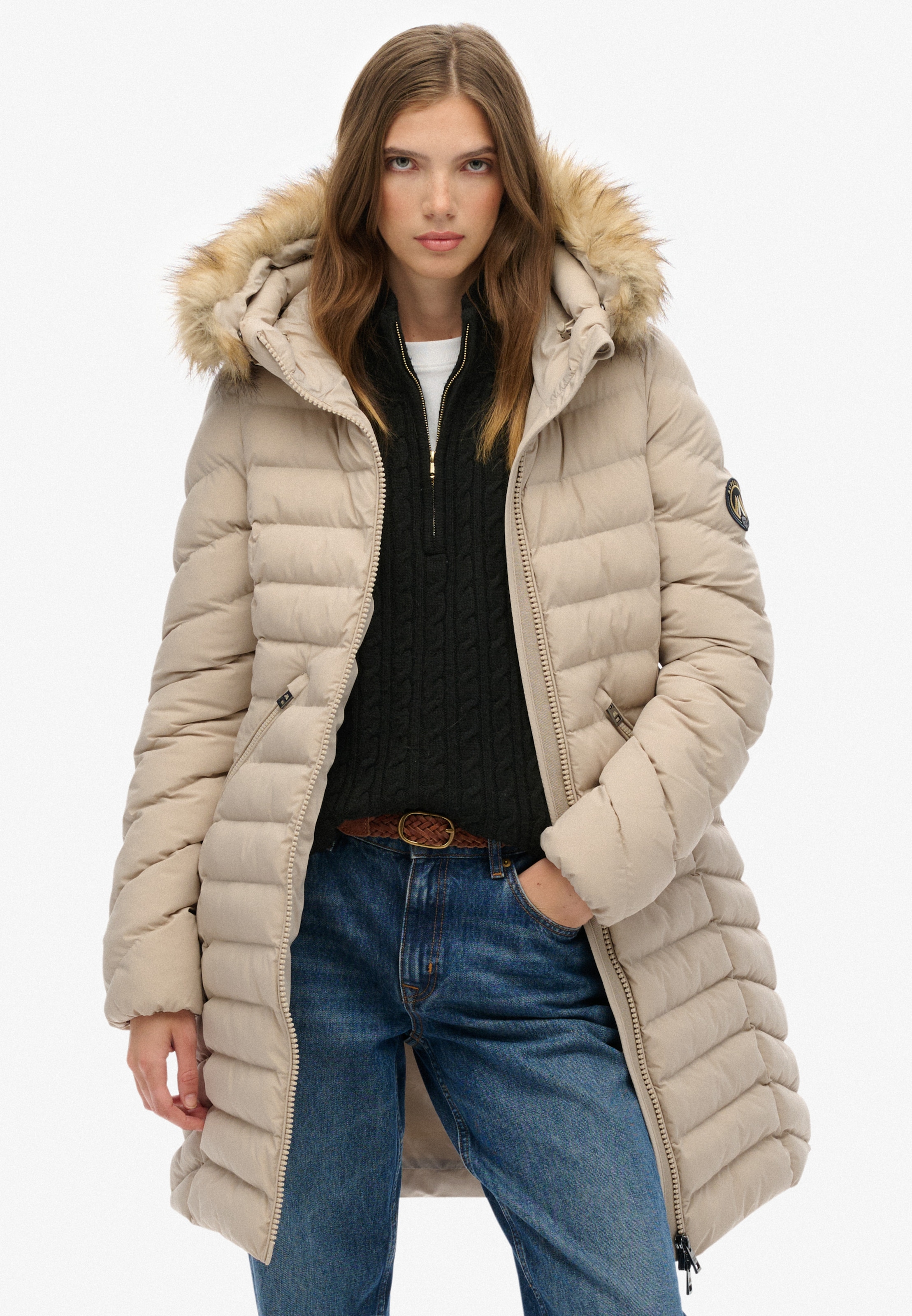 Superdry Steppjacke »FUJI FAUX FUR HOOD MID LENGTH« mit Kapuze
