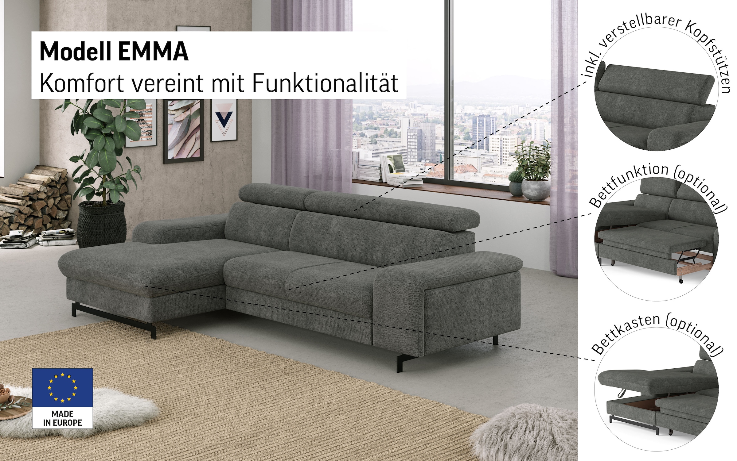 COTTA Ecksofa »Emma L-Form«, mit Kopfteilverstellung, wahlweise mit Bettfunktion & Bettkasten