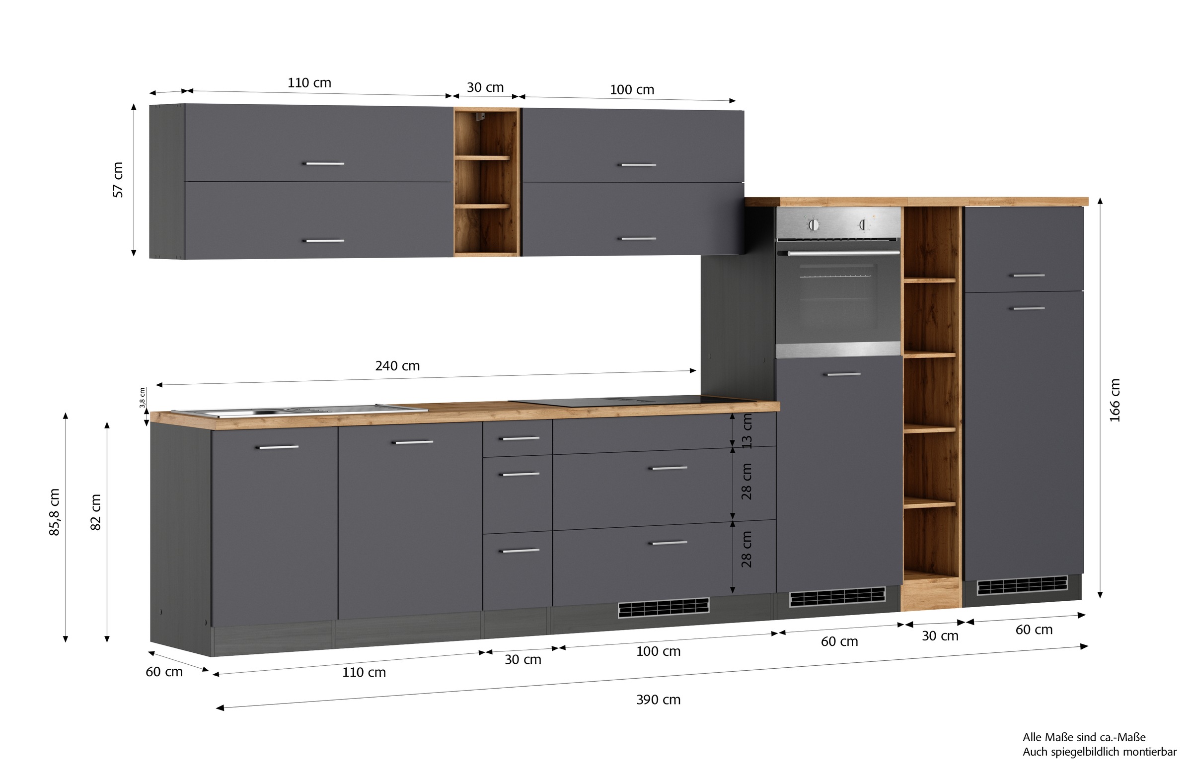 KOCHSTATION Küchenzeile »KS-Milan, optional mit Muldenlüfter« Breite 390 cm, wahlweise mit E-Geräten, Kochfeld mit Dunstabzug