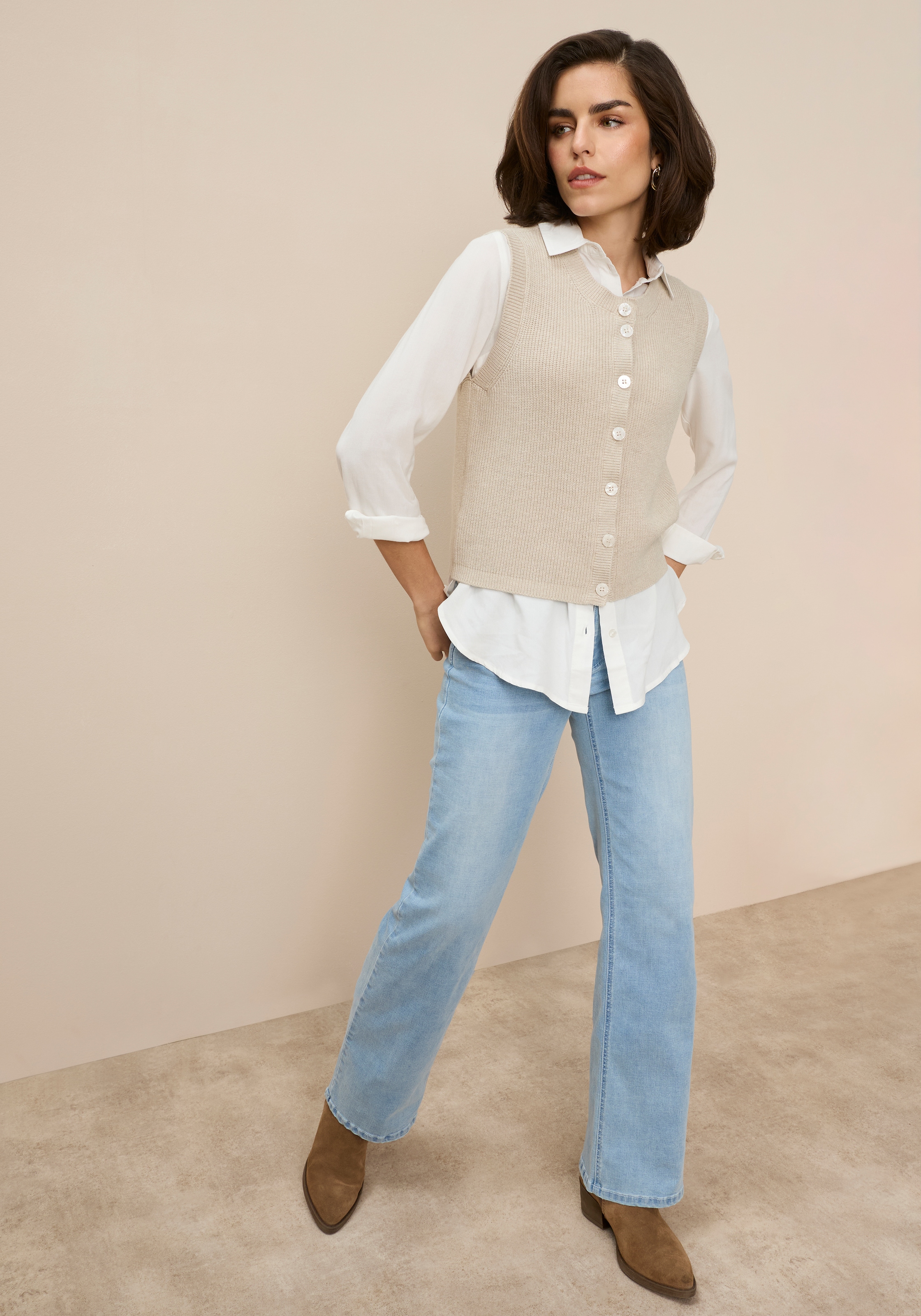 Tamaris Kurzarmpullover mit trendigem Schnitt und Knopfleiste