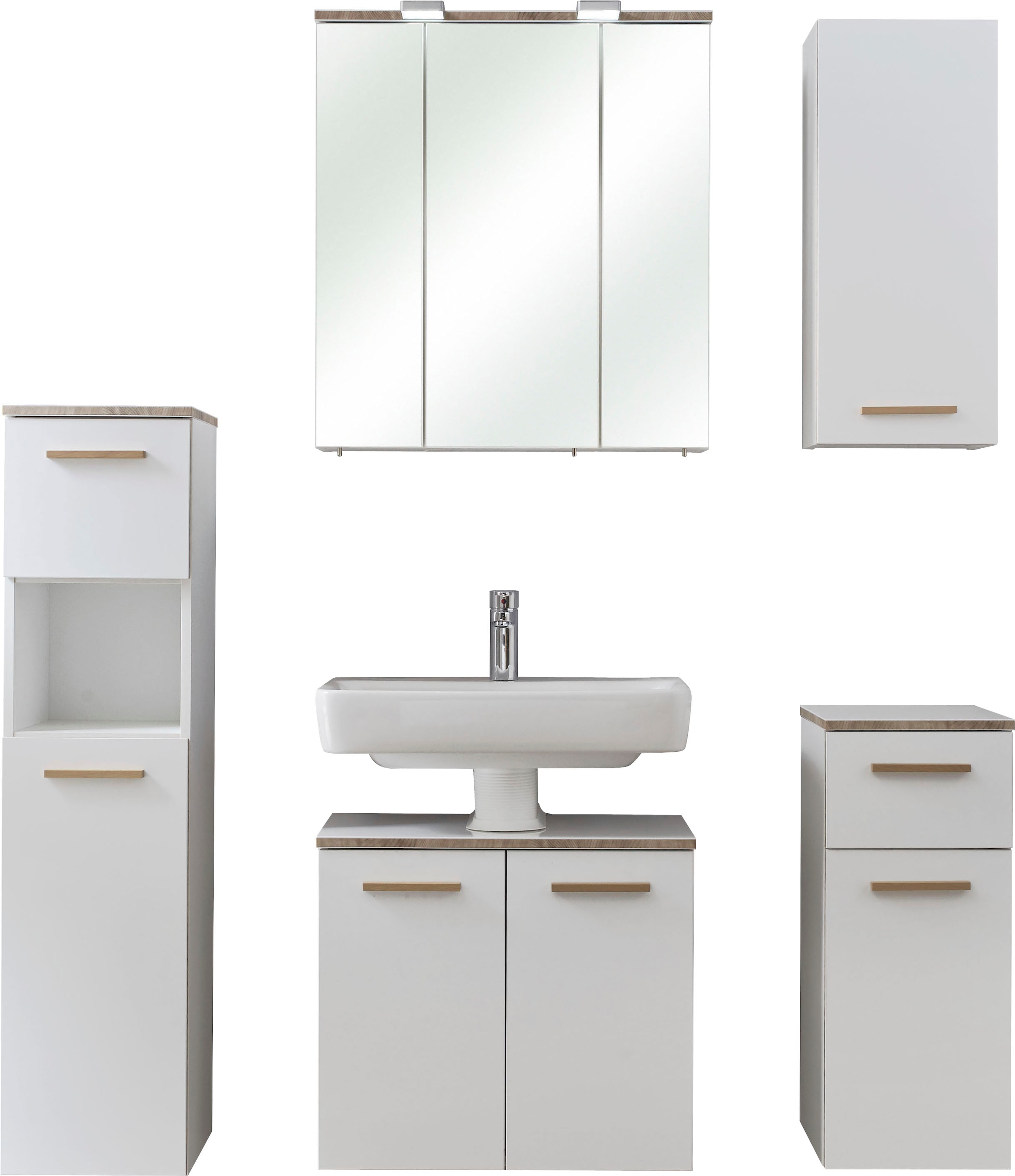 Saphir Badmöbel-Set »Quickset 931 5-teilig, Waschbeckenunterschrank mit LED-Spiegelschrank«, (Set, 5 St.), Midischrank, Unterschrank, Hängeschrank, inkl. Türdämpfer, Weiß Glanz