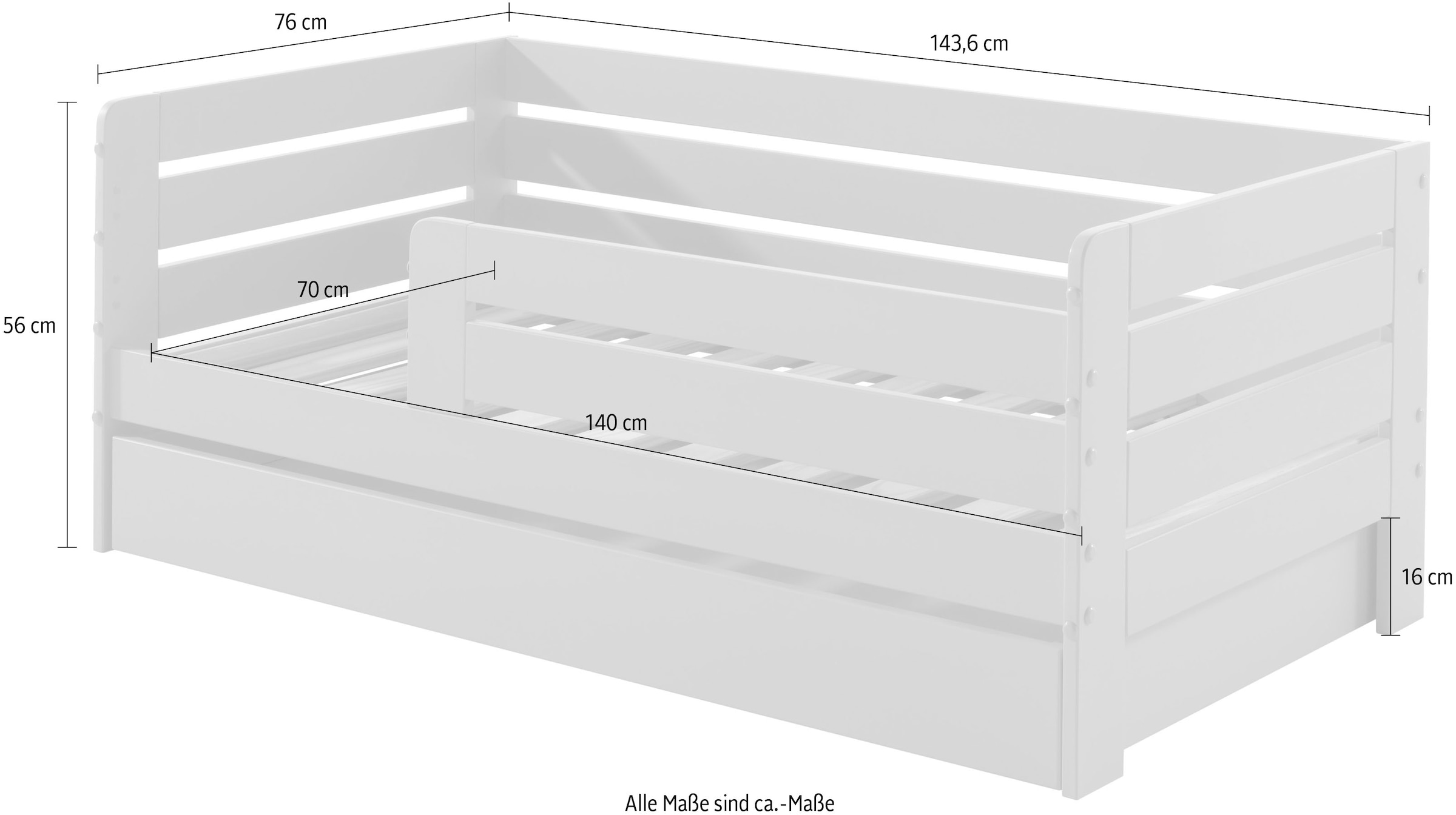 Vipack Kinderbett »Junior, Kiefermassiv mit umlaufendem Absturzschutz und Rolllattenrost«, (B/H/T ca. 143,6x56x70cm, mit niedrigem Betteinstieg), wahlweise in 2 Farben, mit oder ohne Schublade