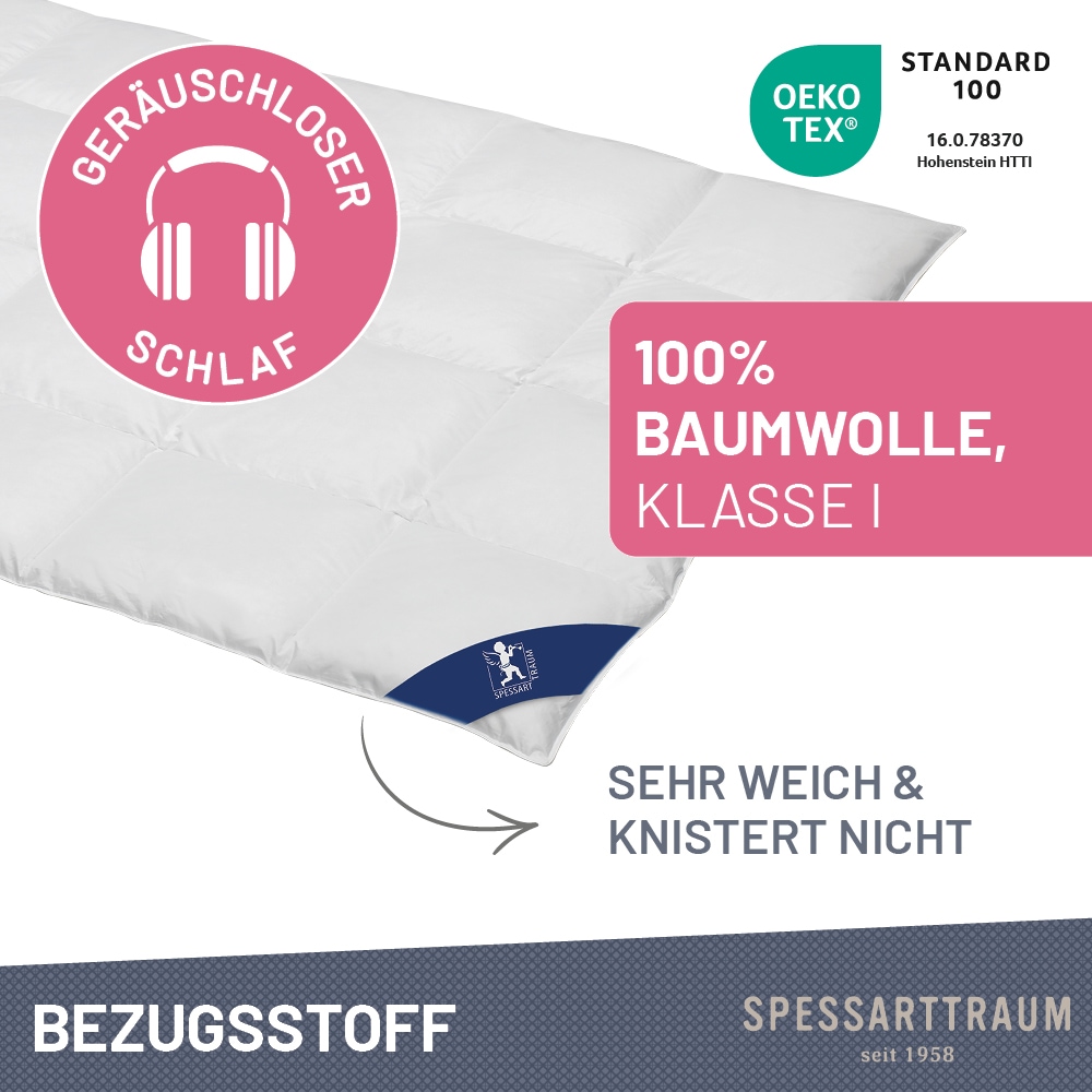 SPESSARTTRAUM Daunenbettdecke »Exklusiv, Bettdecken für Sommer und Winter«, Füllung 100% Daunen, Klasse 1, Downpass zertifiziert, Bezug 100% Baumwolle, nachhaltig (Made in Green), Hausstauballergiker geeignet, (1 St.), 5 Wärmeklassen & 8 Größen