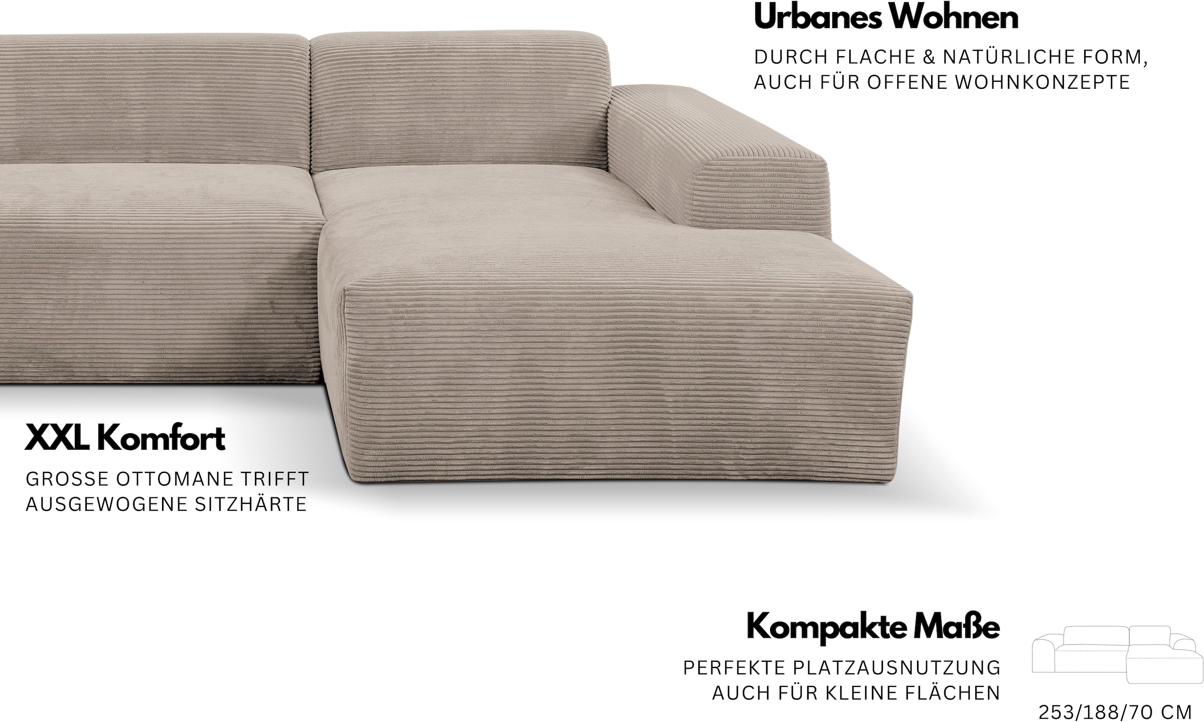 WERK2 Ecksofa »Zeus-L Breite: 253 cm, modern & zeitlos, bequemes Sofa« moderne Optik mit abgerundeten Kanten