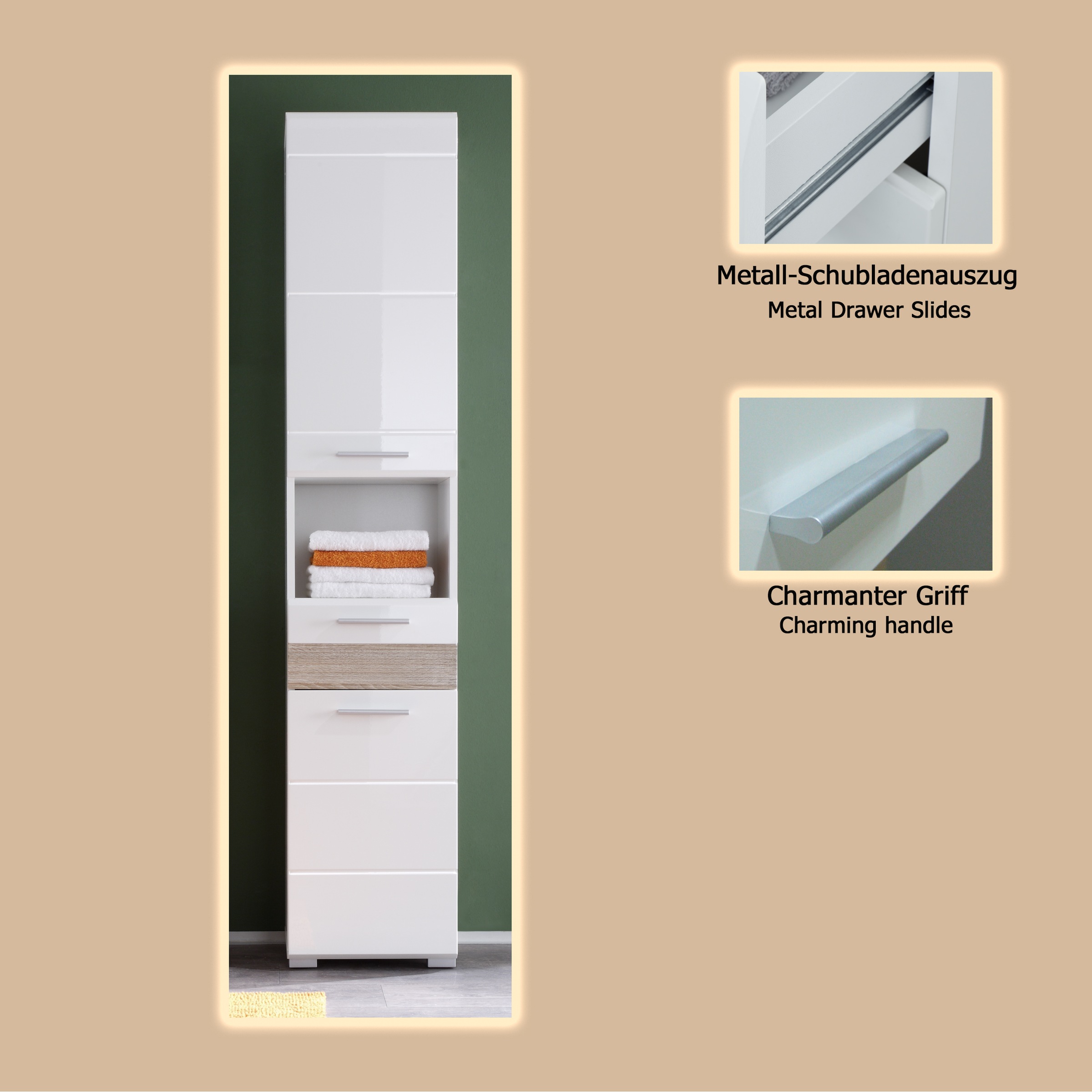 welltime Hochschrank »Marbella«, Hochschrank mit Absetzung Eiche - (B/T/H) 37/31/182 cm