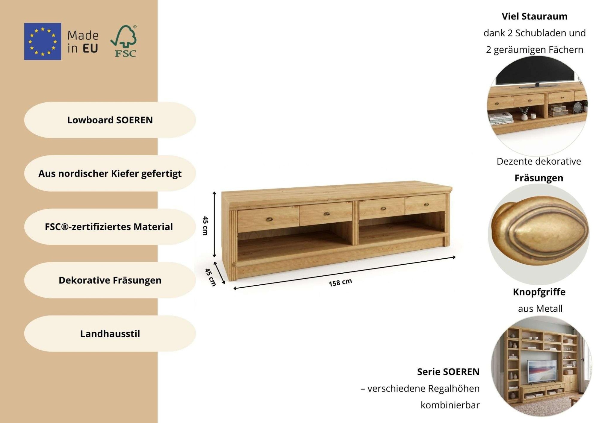 OTTO home Lowboard »Soeren TV-Kommode« B/T/H: 158/45/45 cm,  aus massiver Kiefer, mit 2 Schubladen, FSC®-zertifiziert