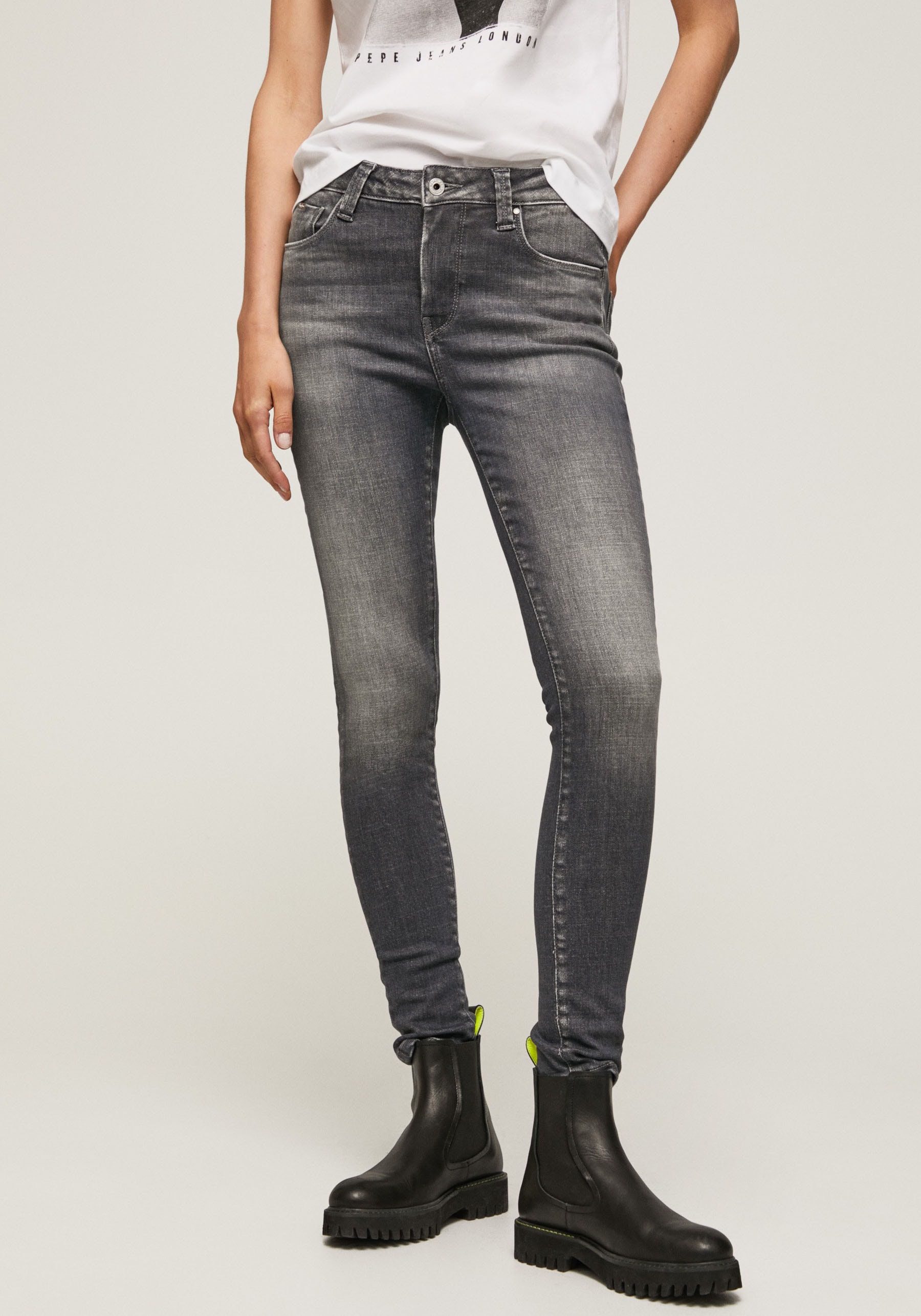 im OTTO Online Stretch Jeans in hohem »REGENT«, Shop Passform mit Skinny bequemem Denim seidig kaufen aus Bund Pepe Röhrenjeans