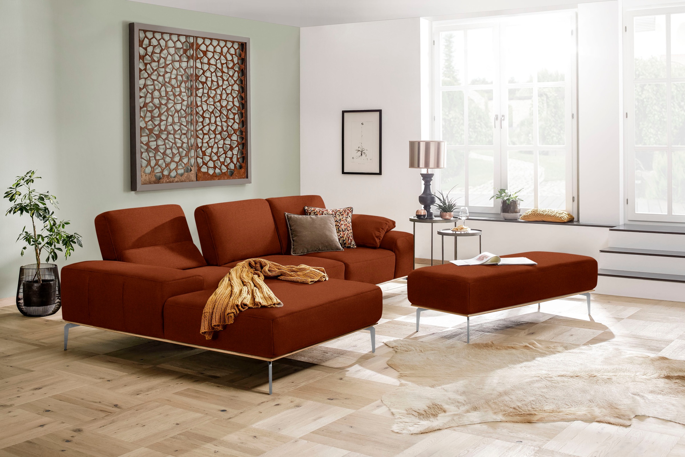 W.SCHILLIG Polsterhocker »run«, mit elegantem Holzsockel, Füße in Chrom glänzend, Breite 150 cm