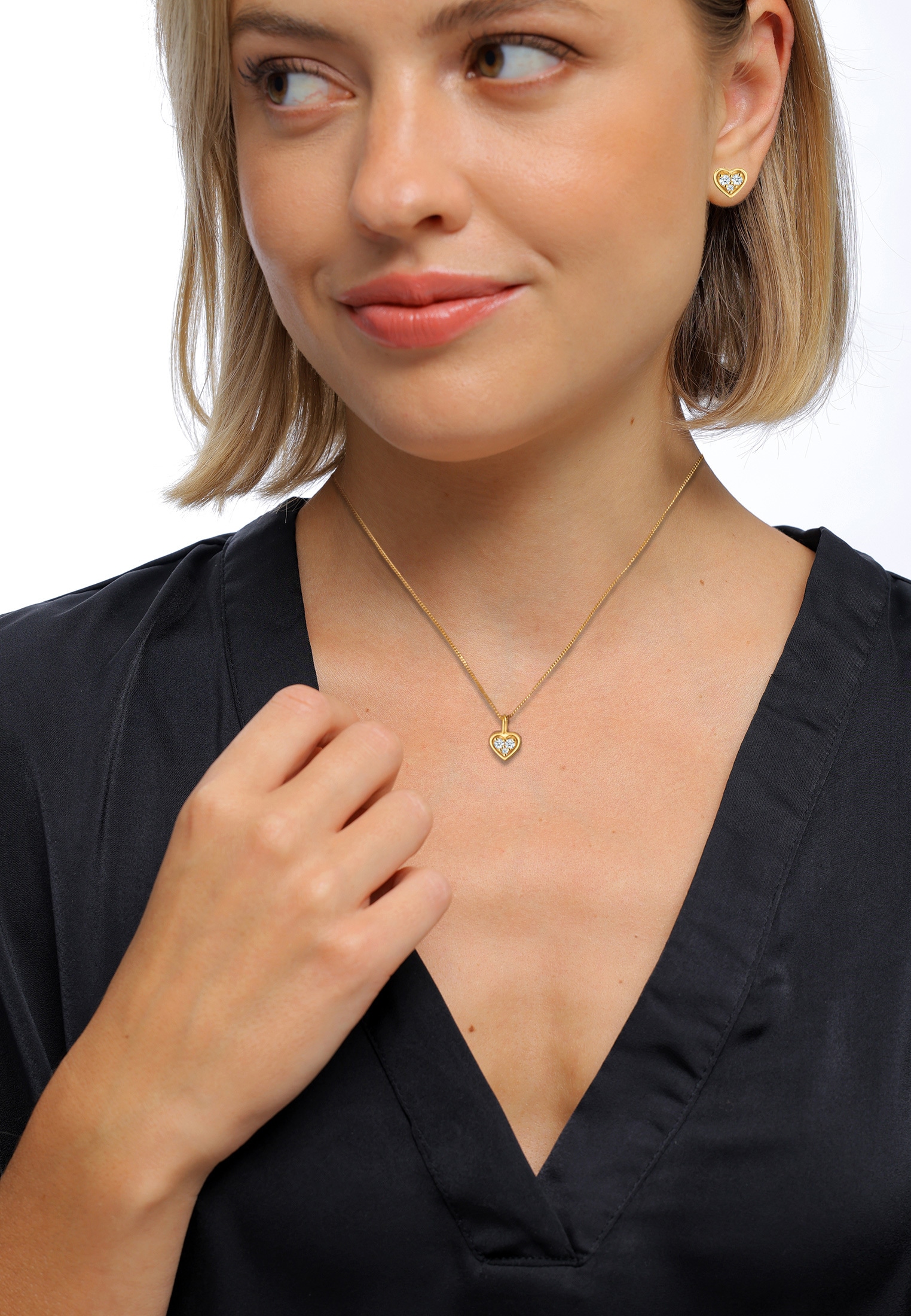 Elli DIAMONDS Ohrring und Ketten Set »Schmuckset Herz Diamant Weiß Brillantschliff (0.105 ct) 585 Gelbgold«