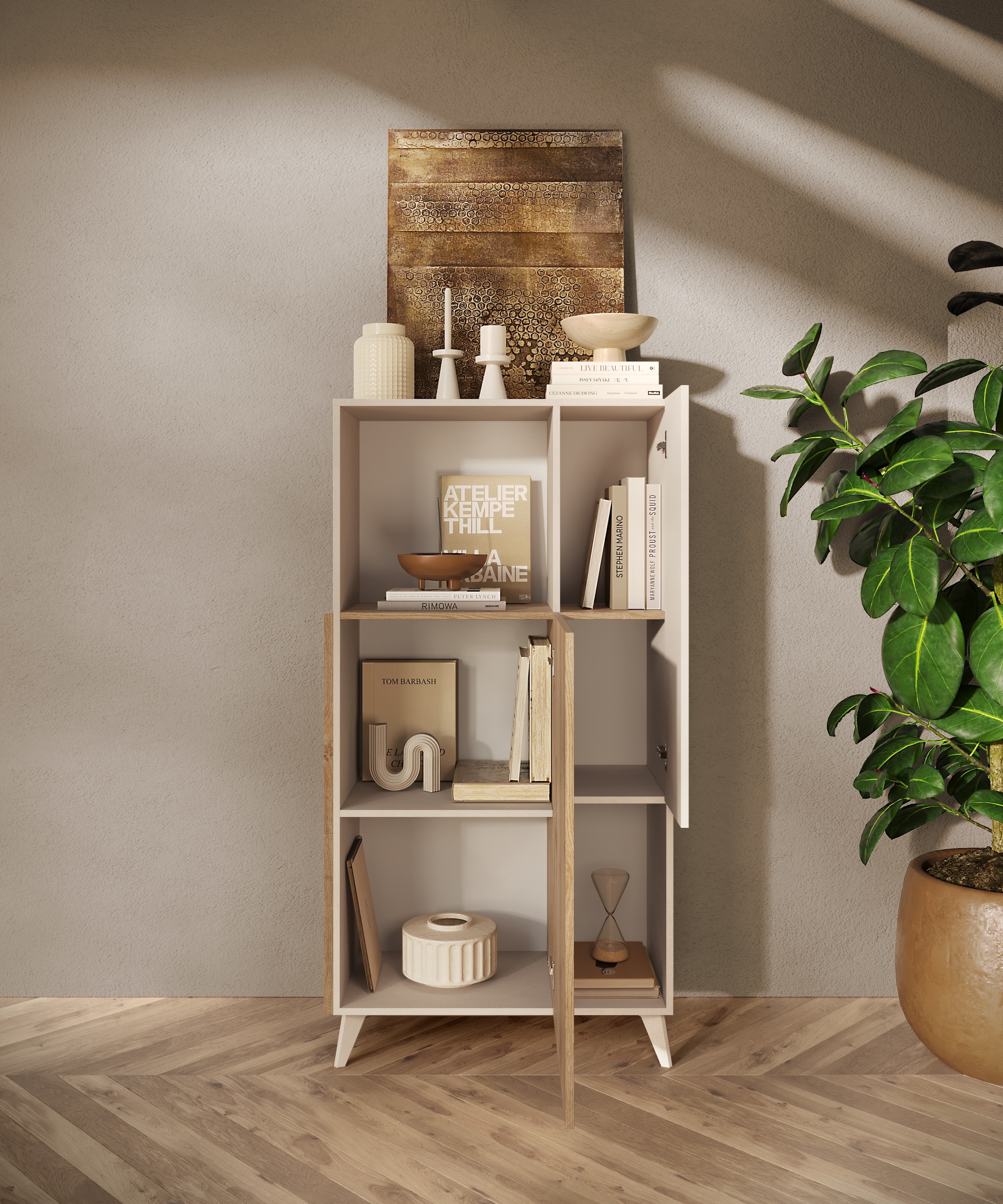 INOSIGN Highboard »Monaco Höhe 154 cm, Stauraumschrank mit 2 Türen (4 Fächer) und 2 offen«, Hohe, schmale Kommode – sanftes Schließen, edles Design, viel Platz