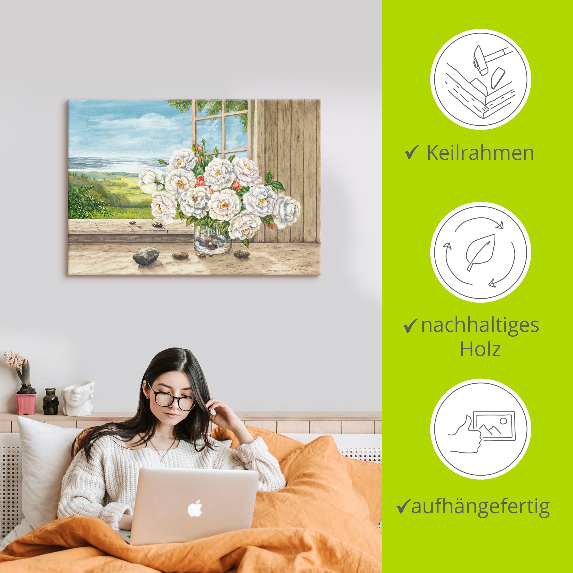 Artland Wandbild »Weiße Rosen am Fenster«, Blumen, (1 St.), als Alubild, Leinwandbild, Wandaufkleber oder Poster in versch. Größen