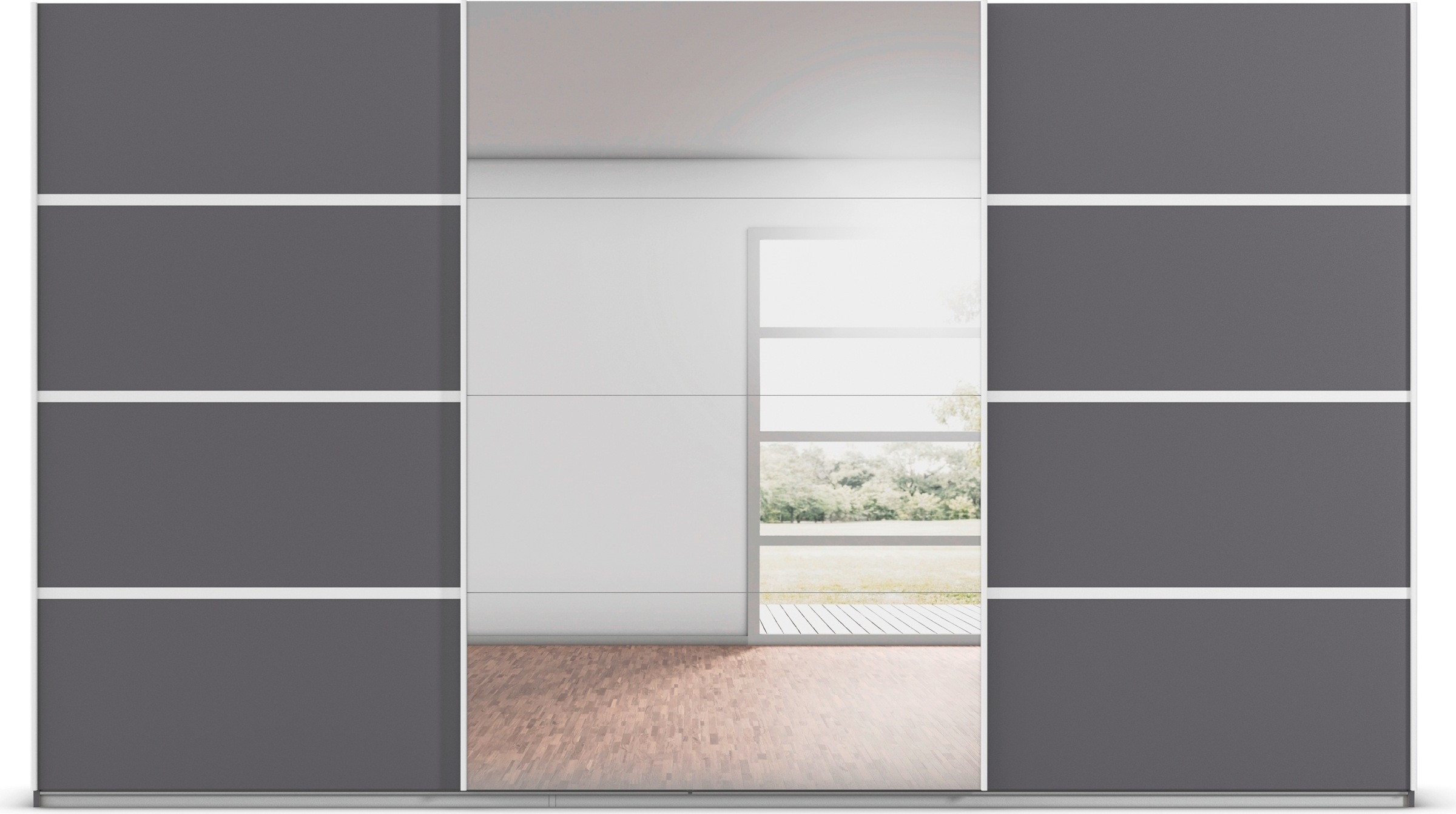 rauch Kleiderschrank »Schwebetürenschrank OTTO´s Choice Garderobe Schrank TOP ANGEBOT Avola«, (in 3 verschiedenen Ausstattungen BASIC/CLASSIC/PREMIUM inkl. Spiegel), mit eleganten Zierleisten in Chrom, Schwarz oder Weiß MADE IN GERMANY