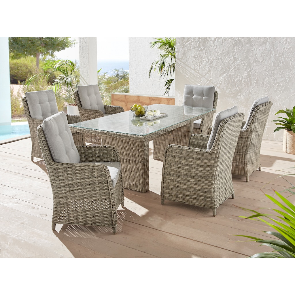 KONIFERA Garten-Essgruppe »Venedig«, (Set, 19 tlg., 6x Sessel, 1x Tisch 200x100x75 cm, inkl. Auflagen, Alu, Polyrattan)