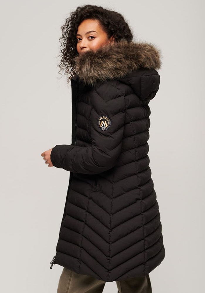 Superdry Steppjacke »FUJI FAUX FUR HOOD MID LENGTH«, mit Kapuze