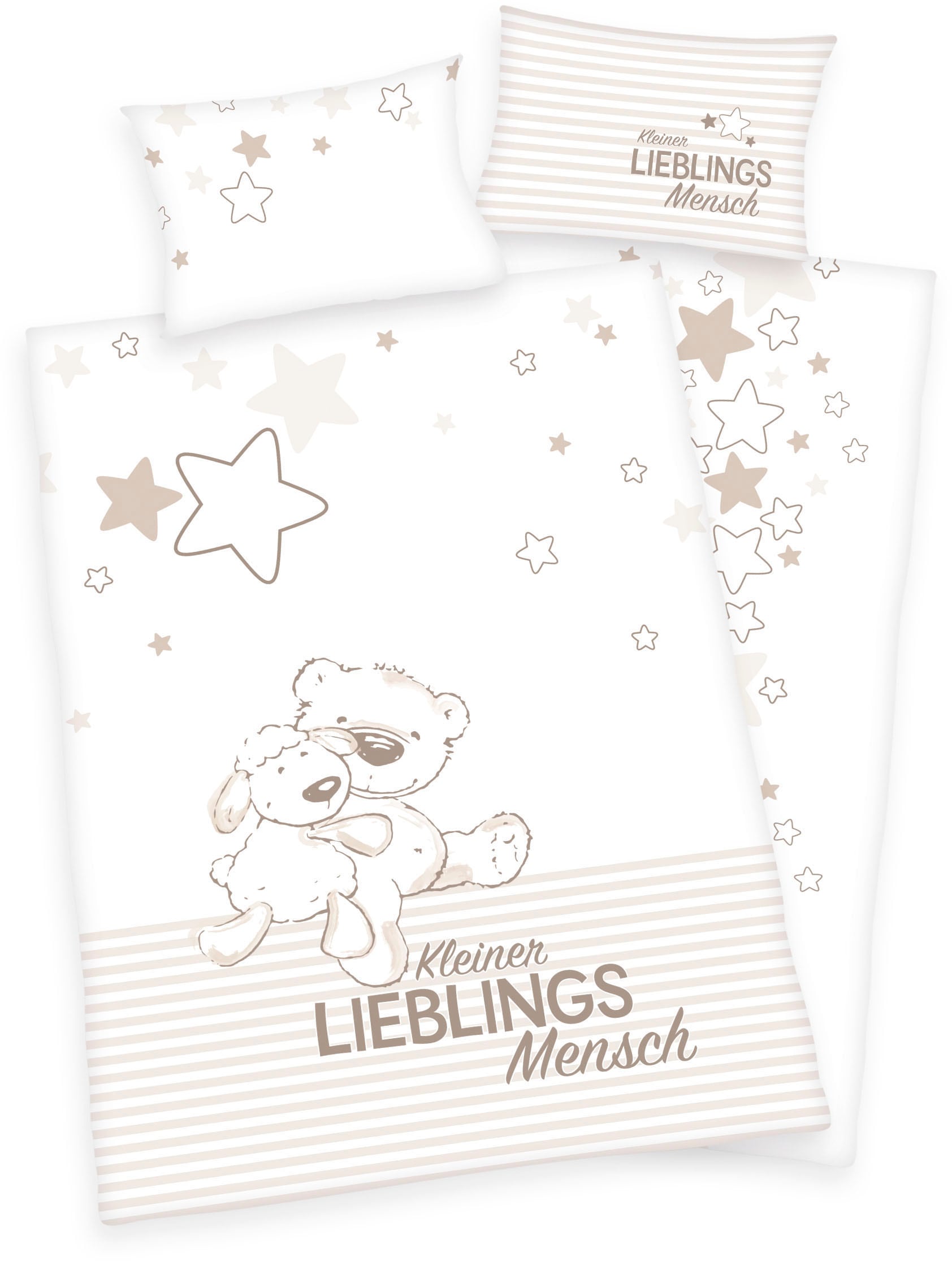 weiße Babybettwäsche mit Sternen, Bär und Schaf 