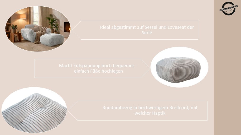 TRENDMANUFAKTUR Hocker »Be Fluffy: Weicher Breitcord Bezugsstoff, perfekte Ergänzung zur Serie« Polsterhocker mit softem Sitzkomfort, moderner breiter Kedernaht