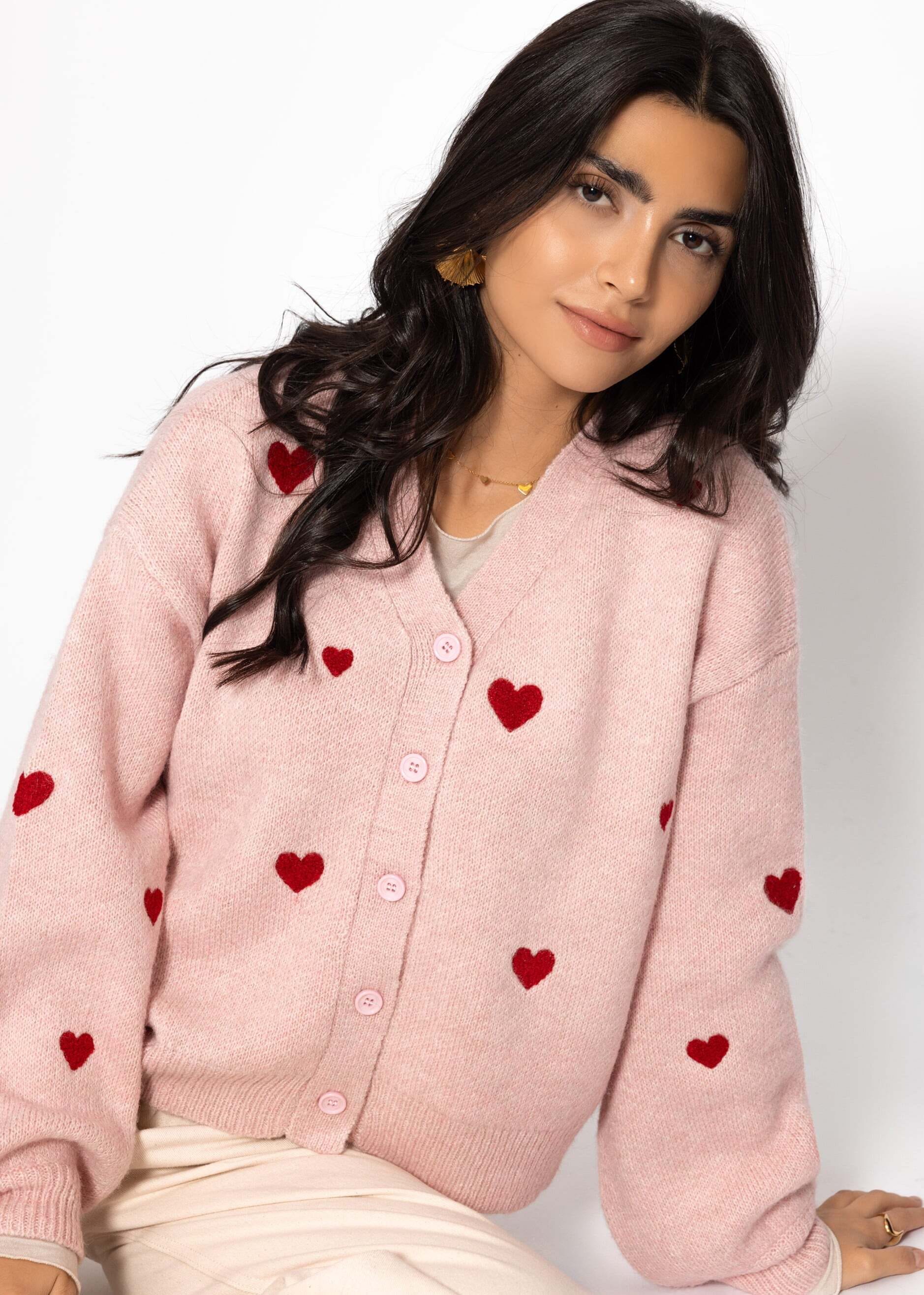 SASSYCLASSY Cardigan »Cardigan mit Herzen« Weiche Strickjacke mit V-Ausschnitt und Knopfleiste Offwhite Rosa