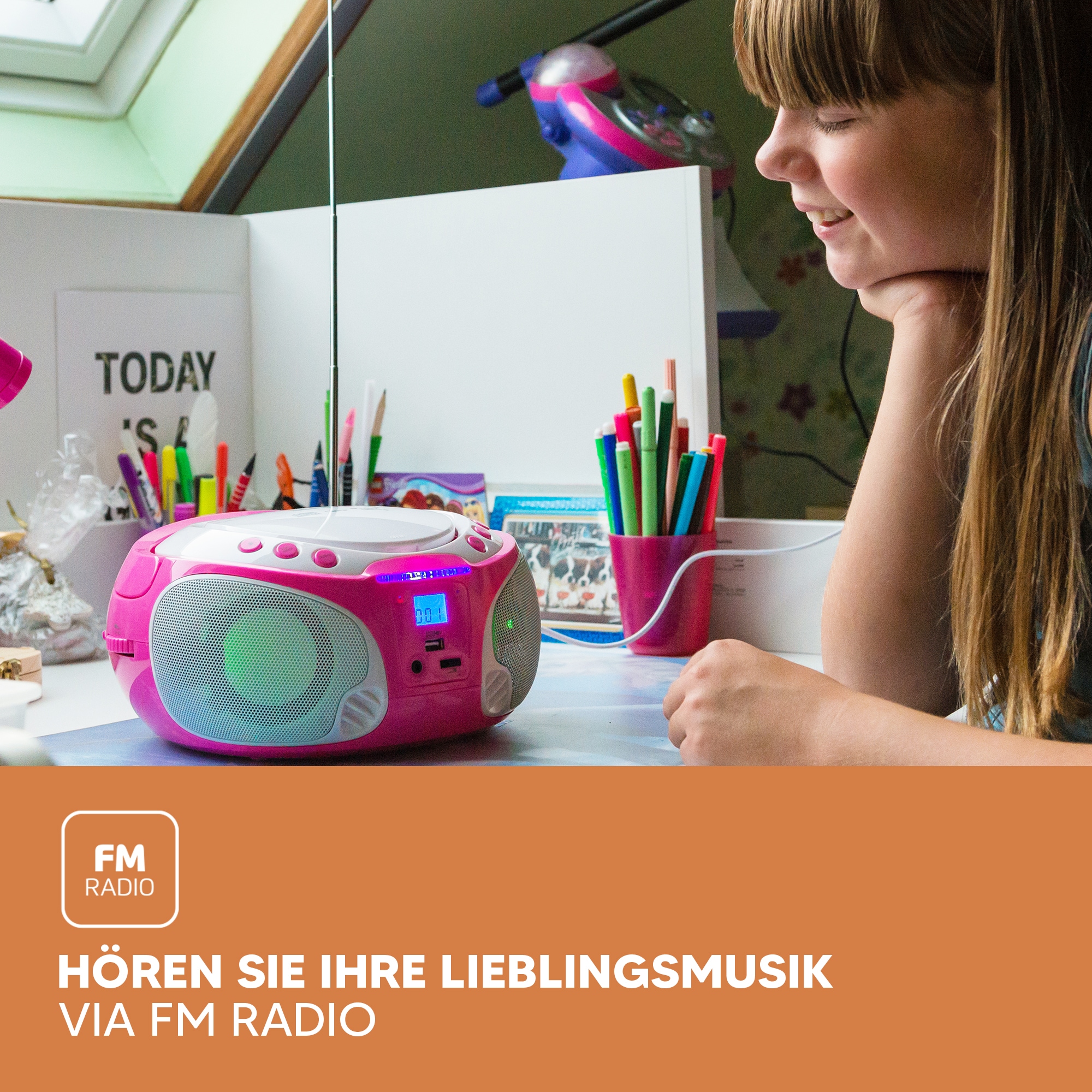 Lenco Boombox »SCD-650« ( AM-Tuner | FM-Tuner ) speziell für Kinder, USB-Anschluss, Karaoke-Mikrofon und Lichteffekte