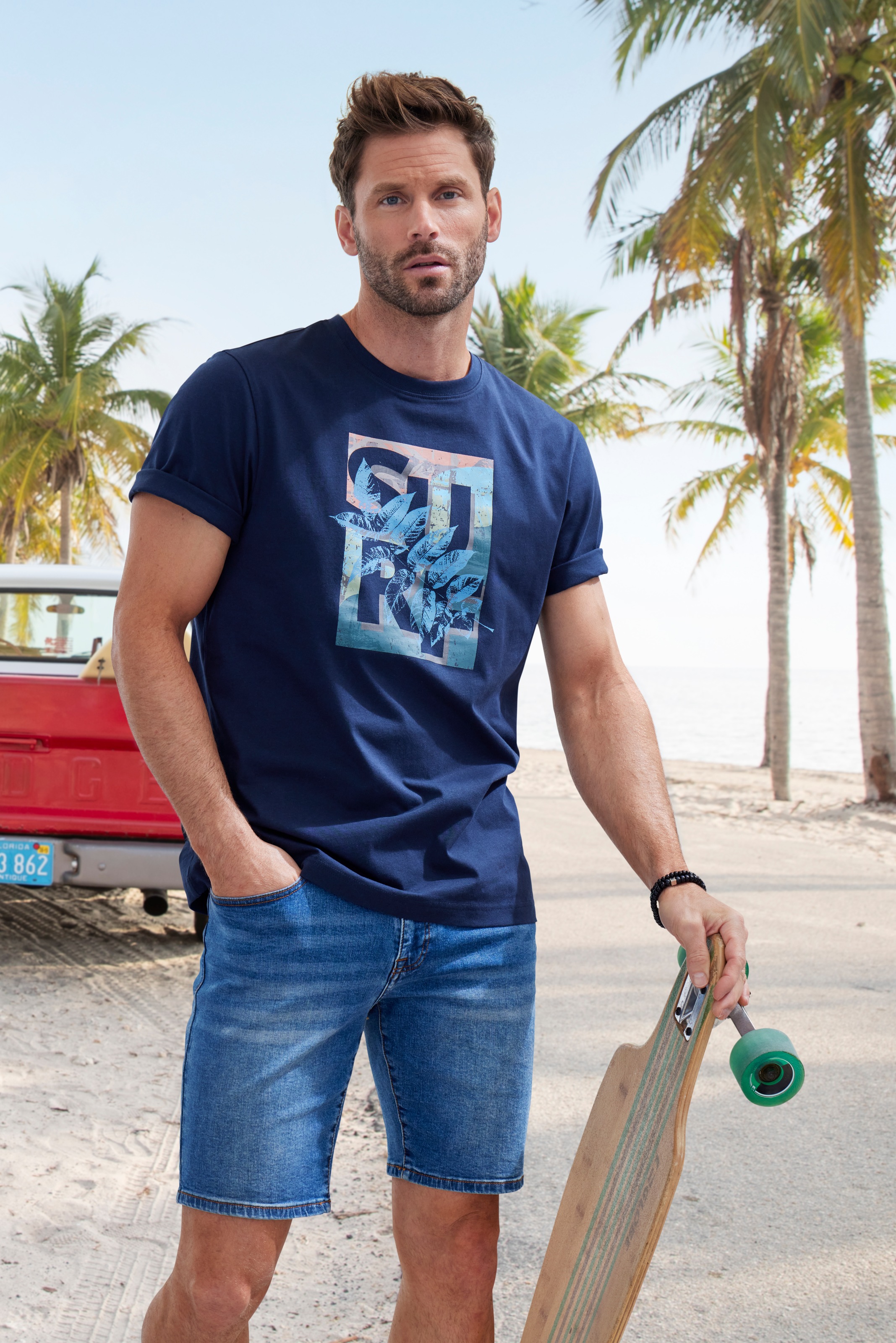 John Devin T-Shirt, Rundhalsshirt mit Surf -Aufdruck aus reiner Baumwolle