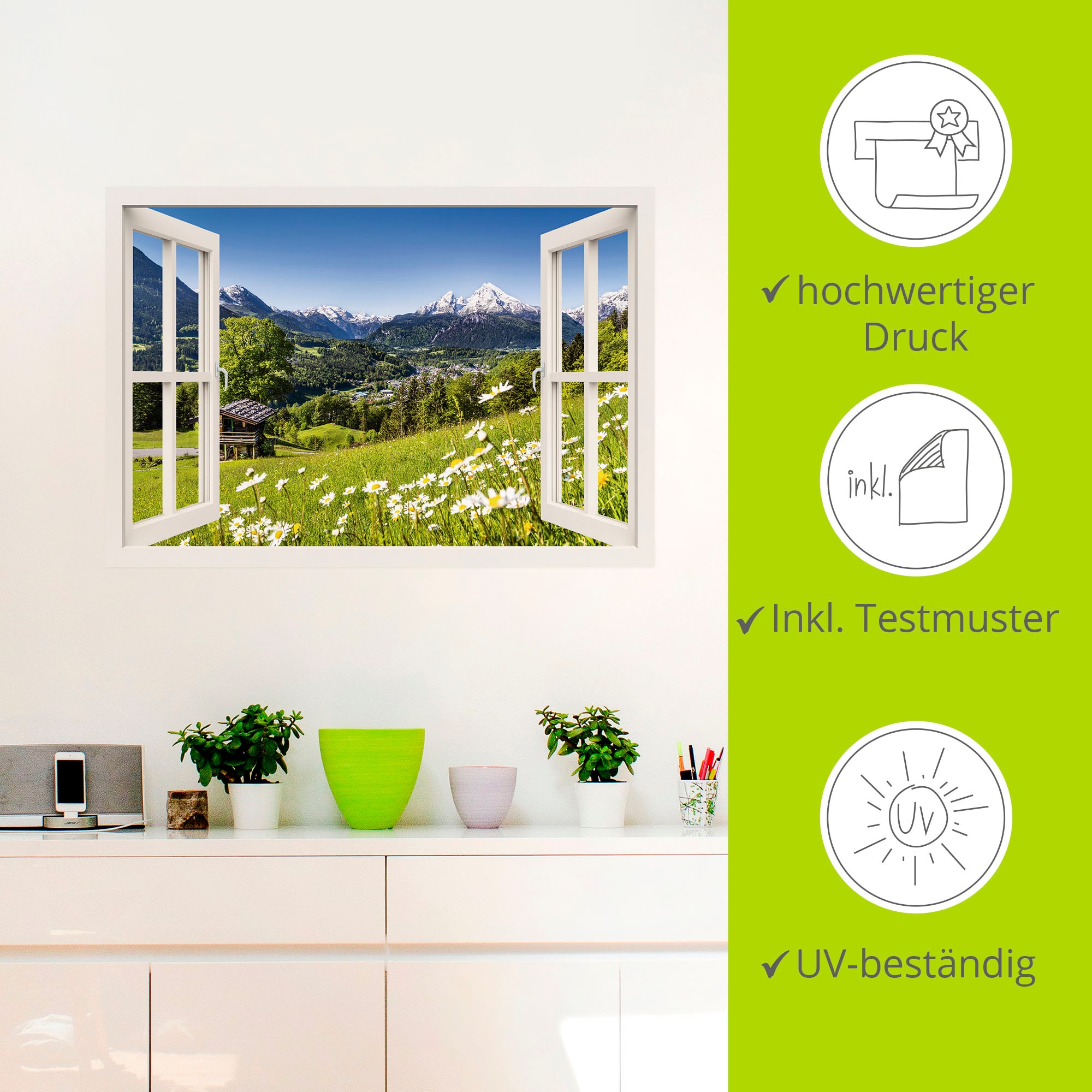 Artland Wandbild »Fensterblick Bayerischen Alpen«, Berge, (1 St.), als Alubild, Leinwandbild, Wandaufkleber oder Poster in versch. Größen