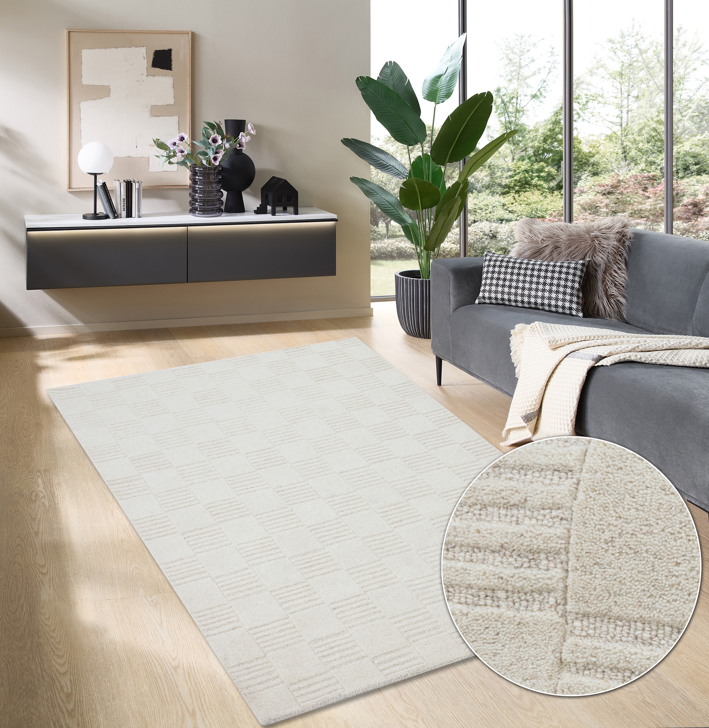 my home Wollteppich »Motala, handgewebt, Wolle, Hoch-Tief-Effekt,«, rechteckig, 14 mm Höhe, einfarbig, 3D-Design, Wohnzimmer, Schlafzimmer, Esszimmer