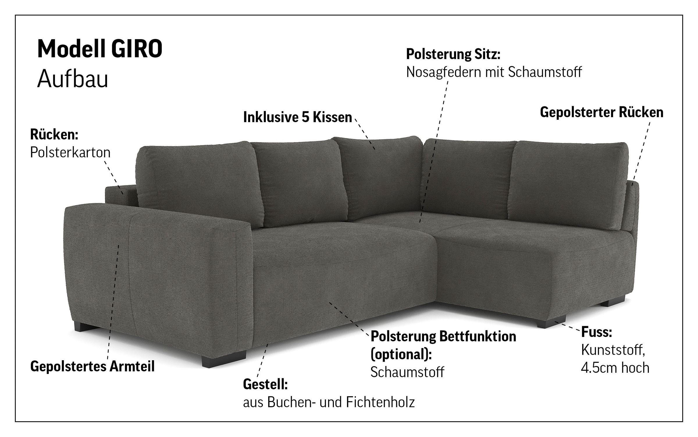 COTTA Ecksofa »Giro L-Form, Ottomane, Breite 252 cm« wahlweise mit Bettkasten und Trendbezug CORD!