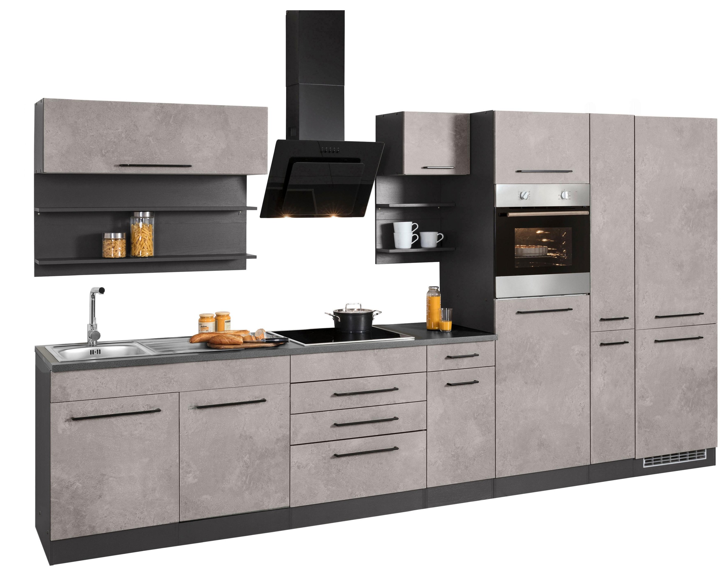 KOCHSTATION Küchenzeile »KS-Tulsa«, mit E-Geräten, Breite 360 cm, schwarze Metallgriffe, MDF Fronten