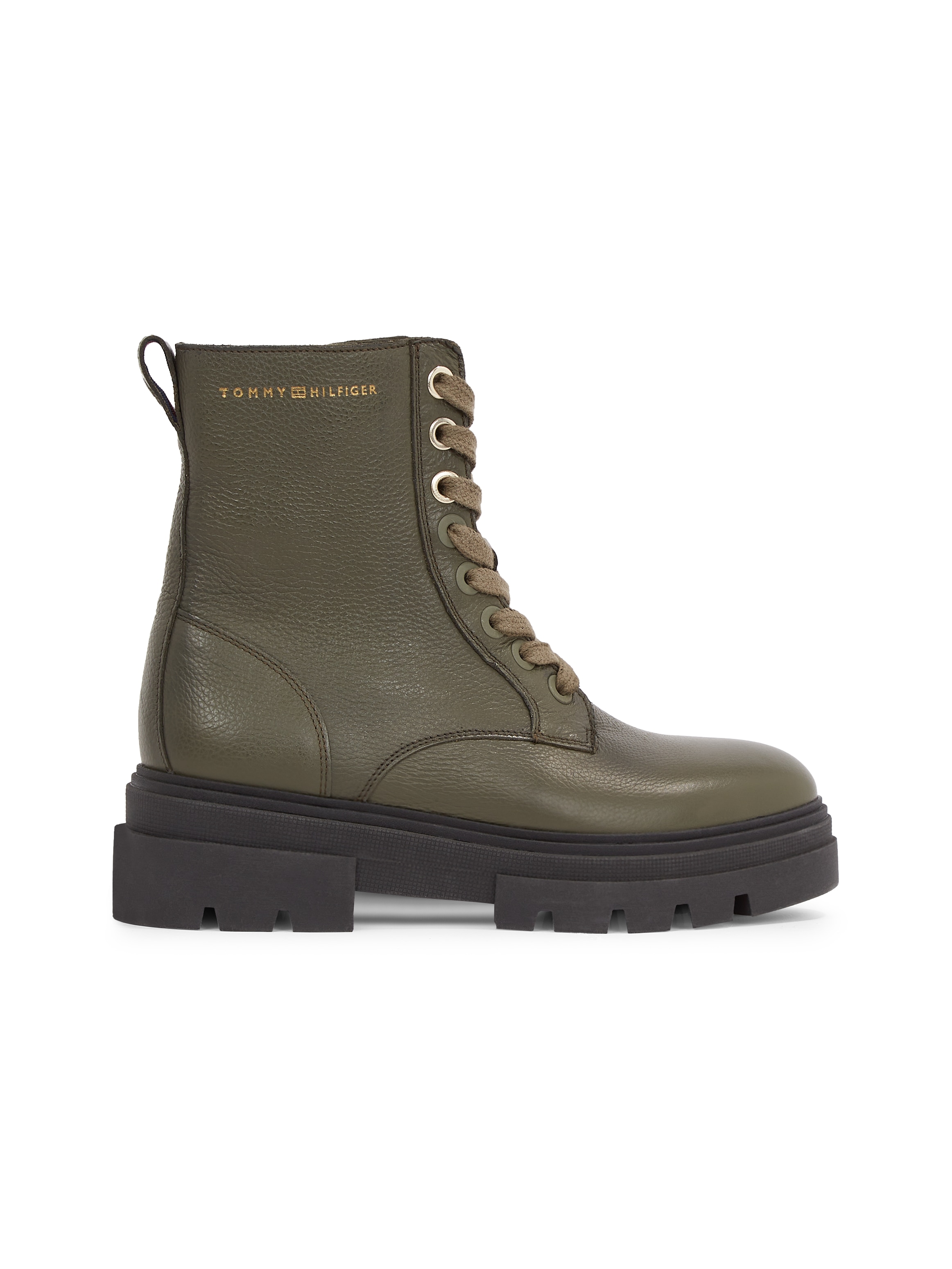 Tommy Hilfiger Schnürboots »BICOLOR LEATHER LACE-UP«, Plateau, Schnürstiefelette, Chunkyboots, goldfarbener Logoschriftzug