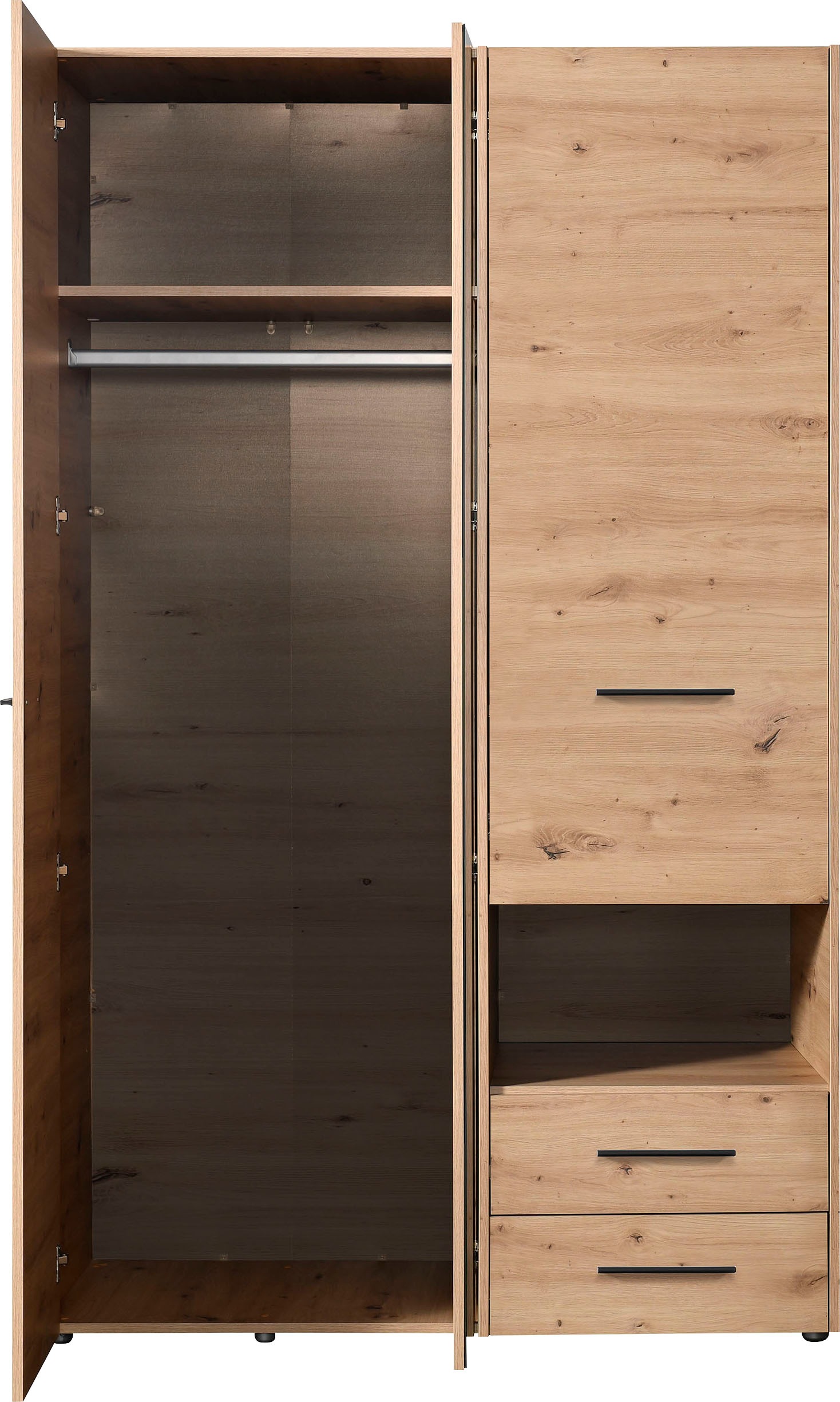 INOSIGN Kleiderschrank »Leon, FSC® -zertifiziertem Holzwerkstoff«, mit Spiegel, Innenausstattung und 2 Schubladen, 127,5x55x205,5cm