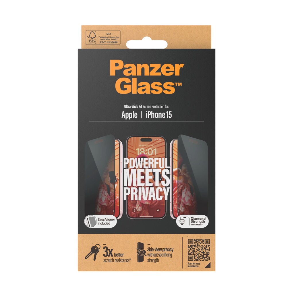 PanzerGlass Displayschutzglas »Privacy Screen Protector Glass«, für iPhone 15, Ultra Wide Fit